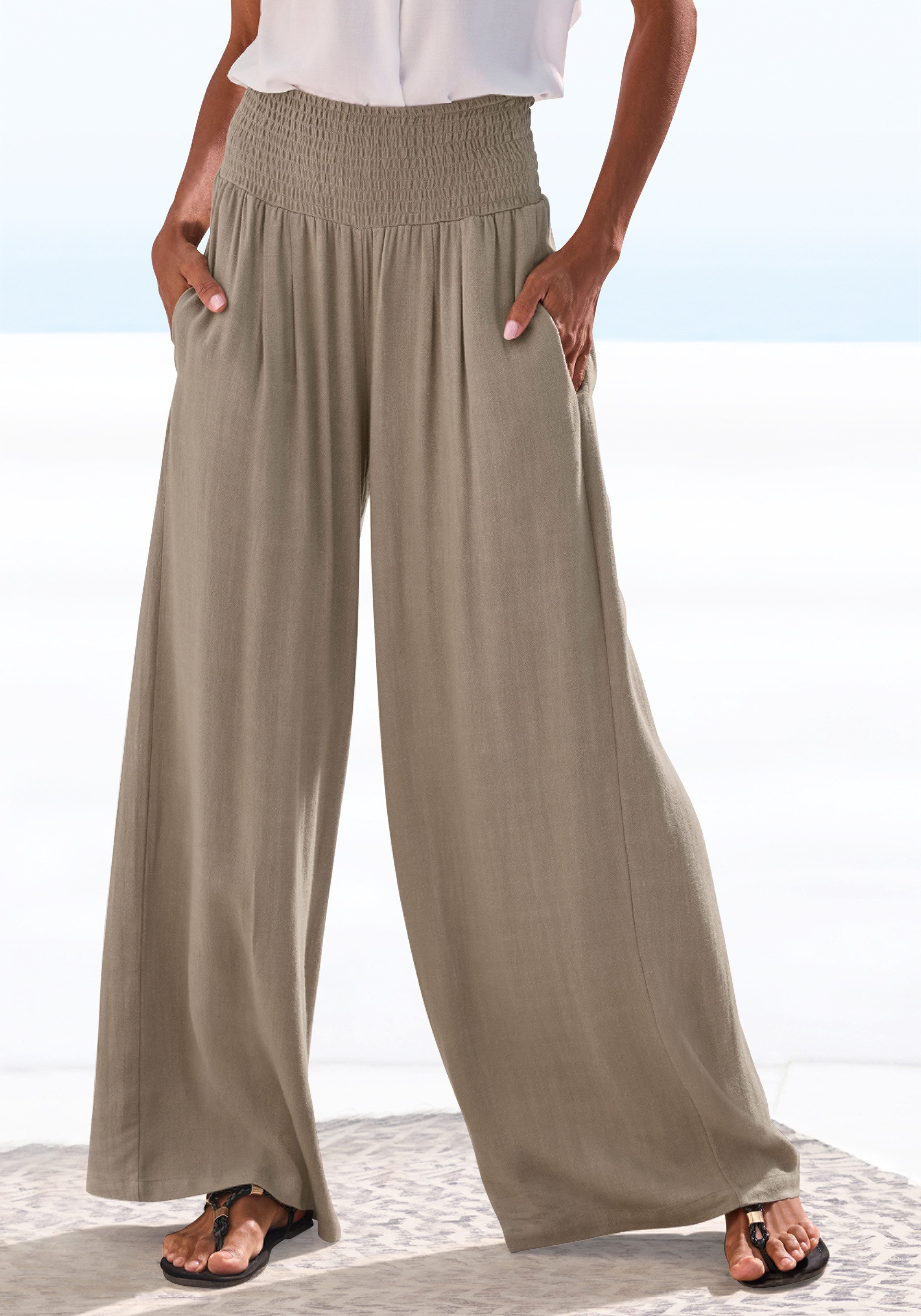 French Connection Leinenhose mit hohem Smokbund weite Palazzohose für den Sommer, lockere Schlupfhose, Strandhose