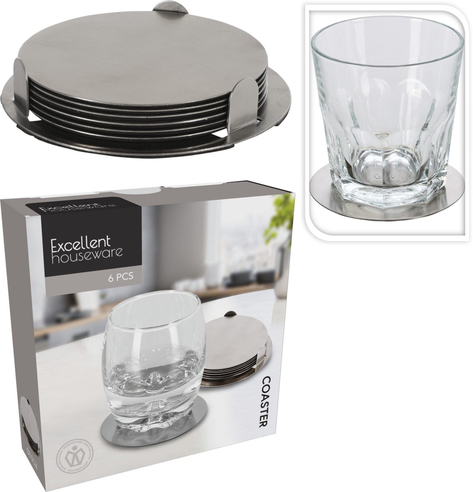 Koopman Getränkeuntersetzer Ø 8,5 cm Edelstahl 6/12 Tlg. Set, Set, 6-tlg., 6tlg, Edelstahl, Ø 8,5 cm, mit Halter, Unterseite gummiert