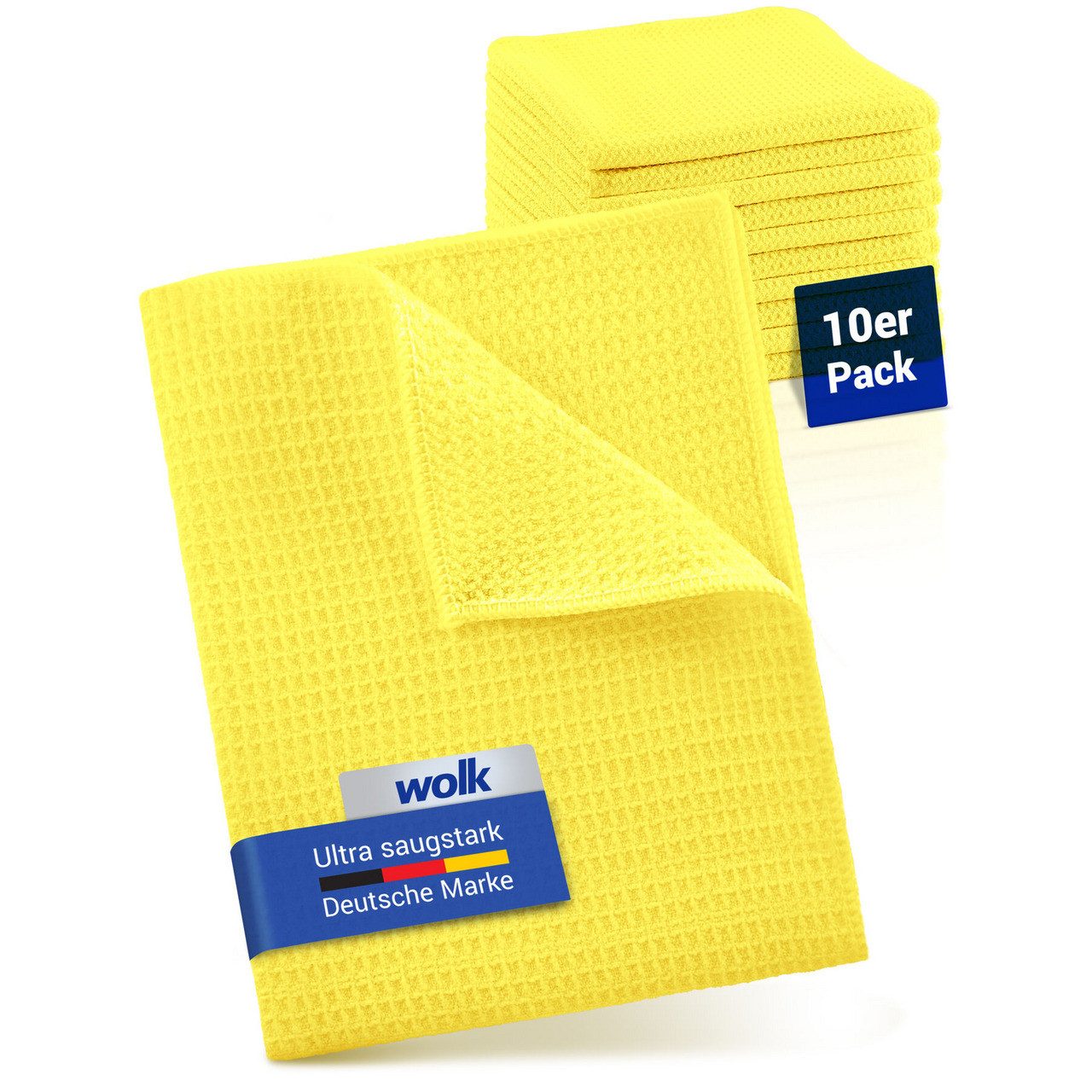 wolk Mikrofasertuch mit Waffelstruktur in gelb - Reinigungstuch (Polyester, 38x38 cm, 10er-Set, hygienisch auf 90° waschbar)
