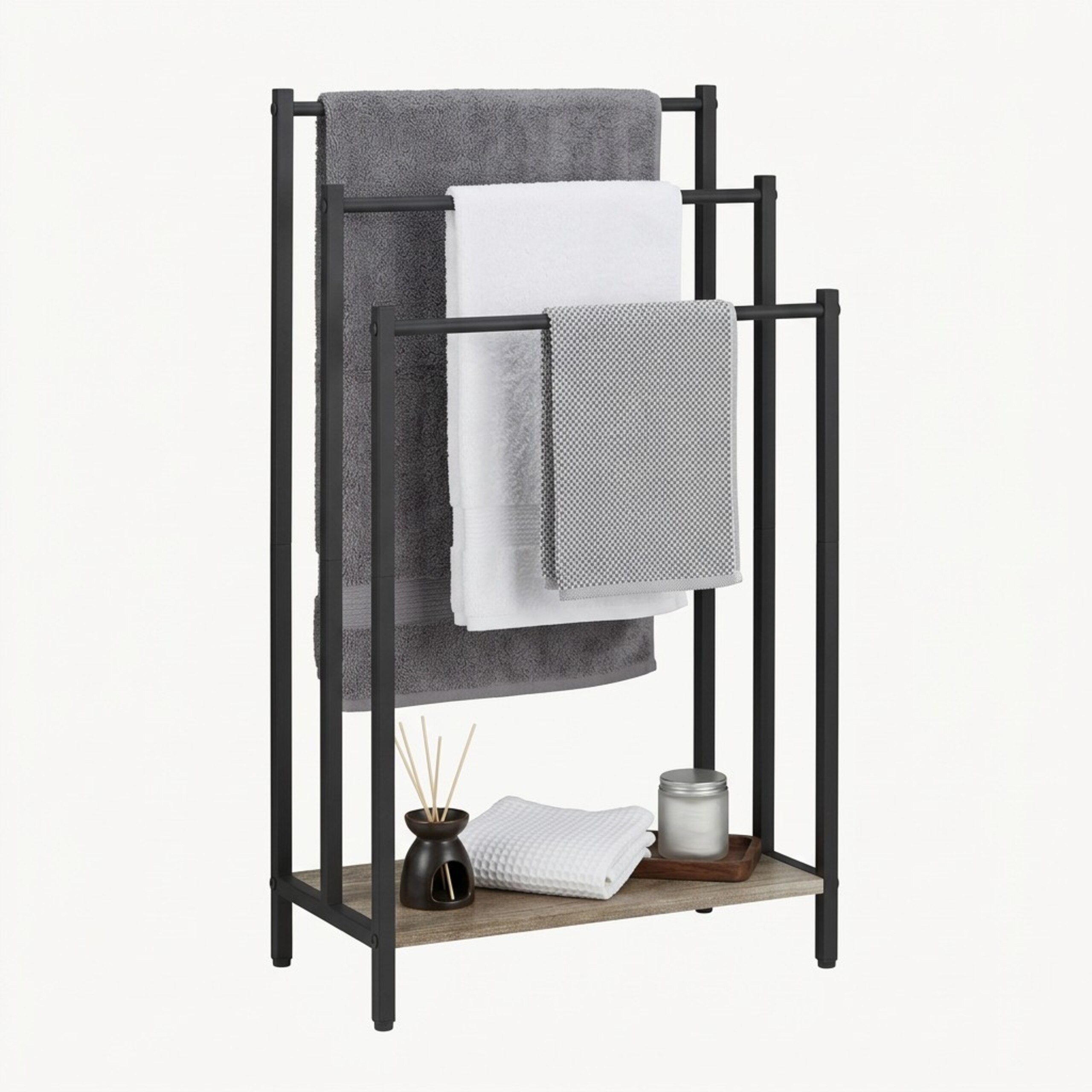 relaxdays Handtuchständer mit Ablage, Holzoptik-Schwarz, M