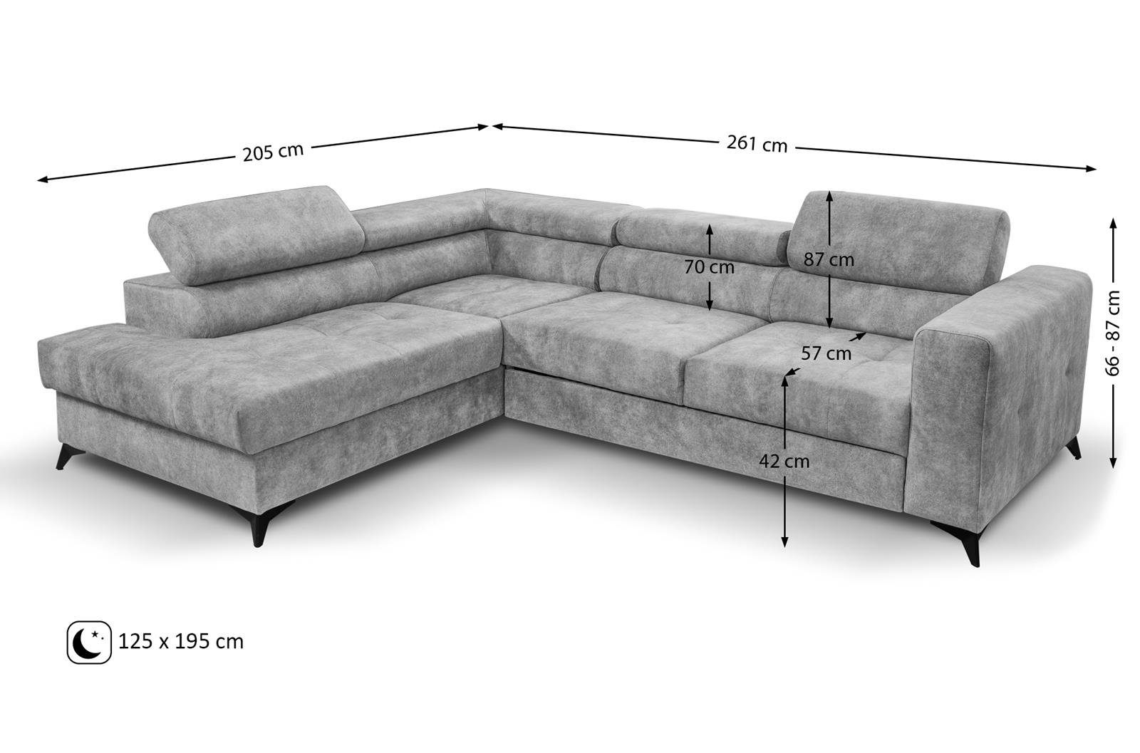 Beautysofa Ecksofa Schlafeckcouch / Hellgrau, verstellbare L-Form Schlaffunktion, mit Hellgrau 08) Grau Silber Polsterecke,Cappucino Orange, / Kopfstützen, Bettkasten, (sally Sorento, / modernes