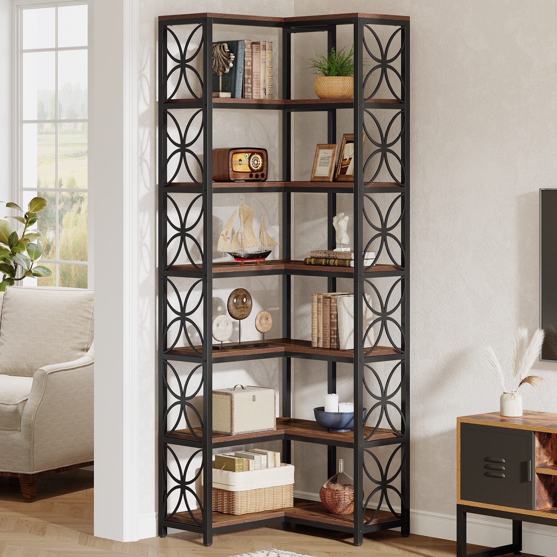 Tribesigns Bücherregal 200 cm Hoch Eckregal, 7-stöckiges L-förmiges Eckregal aus Holz