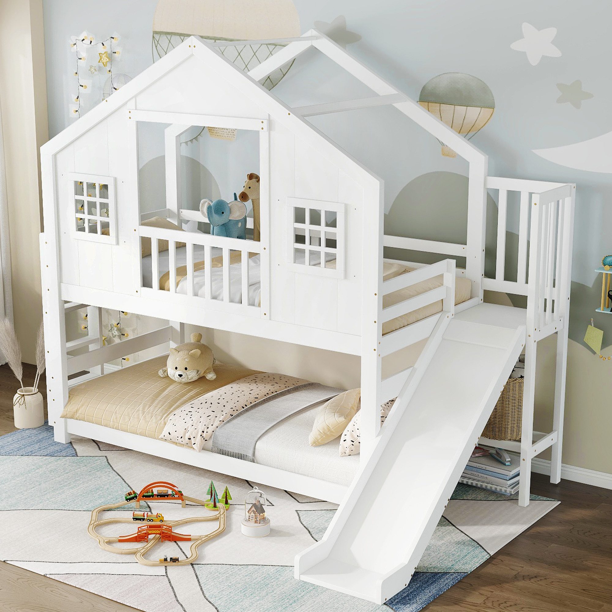 REDOM Etagenbett mit Rutsche, stabilem Lattenrost und Stufen, Fenster- und Dachdesign (90x200 cm, Kinderbett Gästebett), ohne Matratze