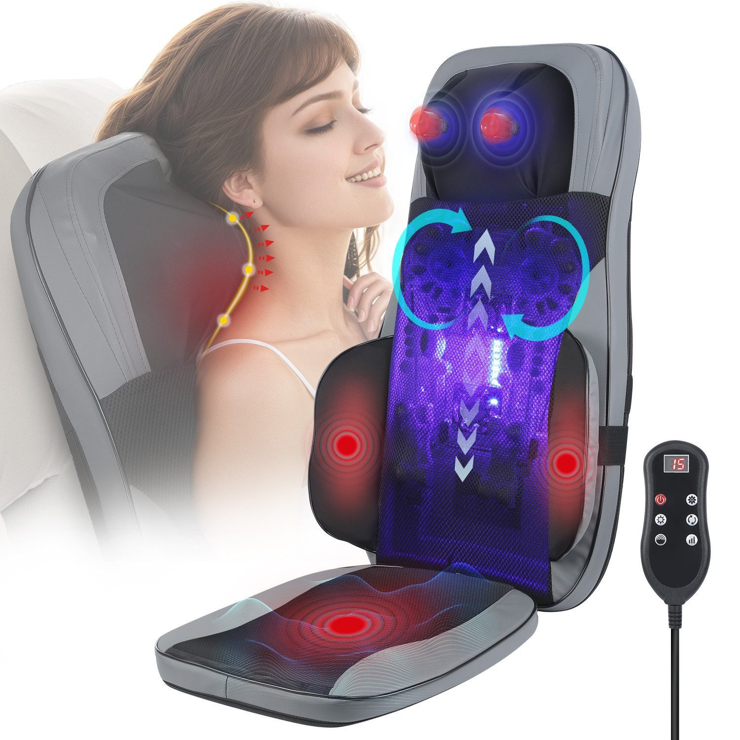 oyajia Shiatsu-Massagesitzauflage Multifunktionales Massagekissen mit Wärmefunktion und Vibration, 3 Massagezonen, Nackenmassage, Rotlicht-/Wärmefunktion, waschb. Bezug