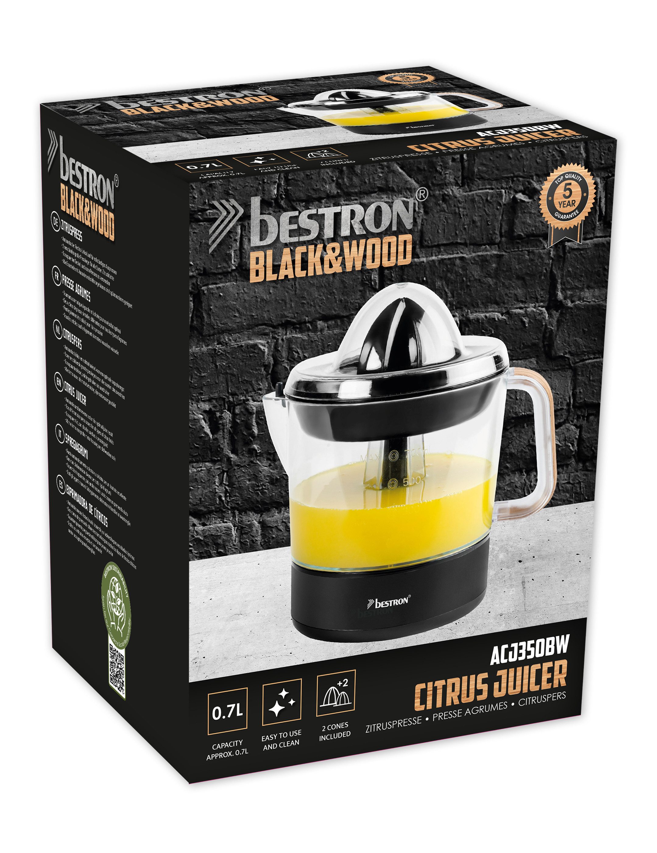 bestron Zitruspresse ACJ350, 40 W, 700 ml mit 2 Presskegeln & Frischhaltedeckel