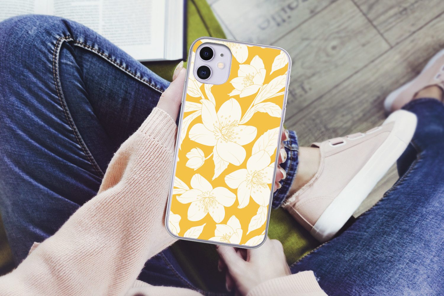 MuchoWow Handyhülle für Apple iPhone 11 Blumen - Muster - Gelb - Weiß, Smartphone-Bumper, Print, Handy Schutzhülle Dünn