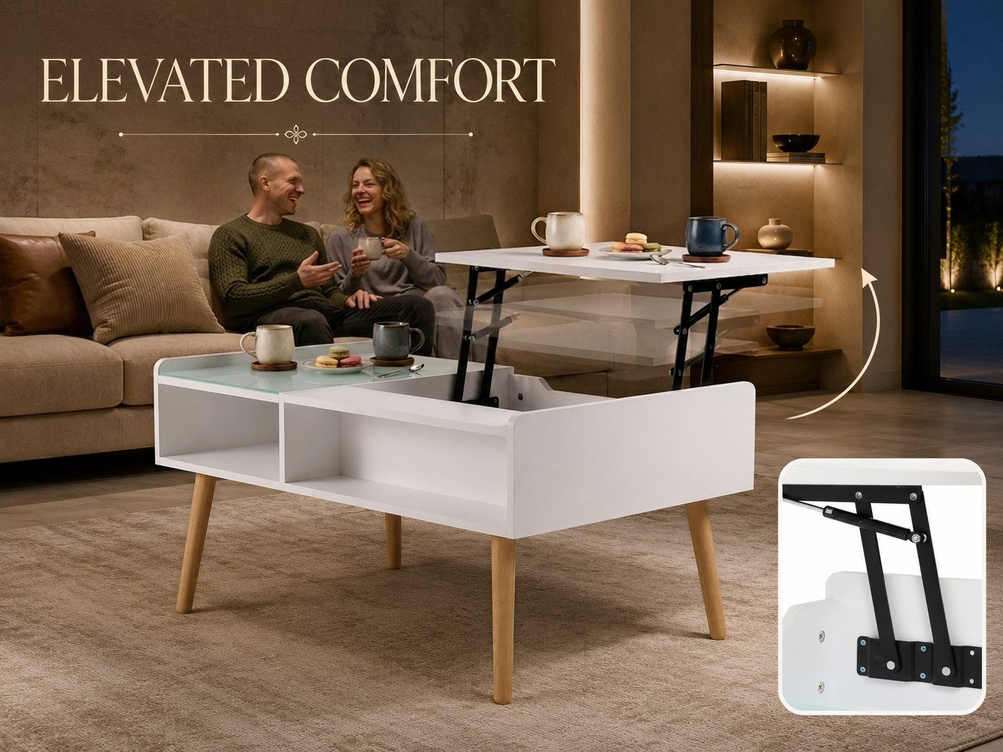 Makika Ablagetisch Couchtisch Wohnzimmertisch mit Glas ausziehbar in Weiß – Bild 4 von 5