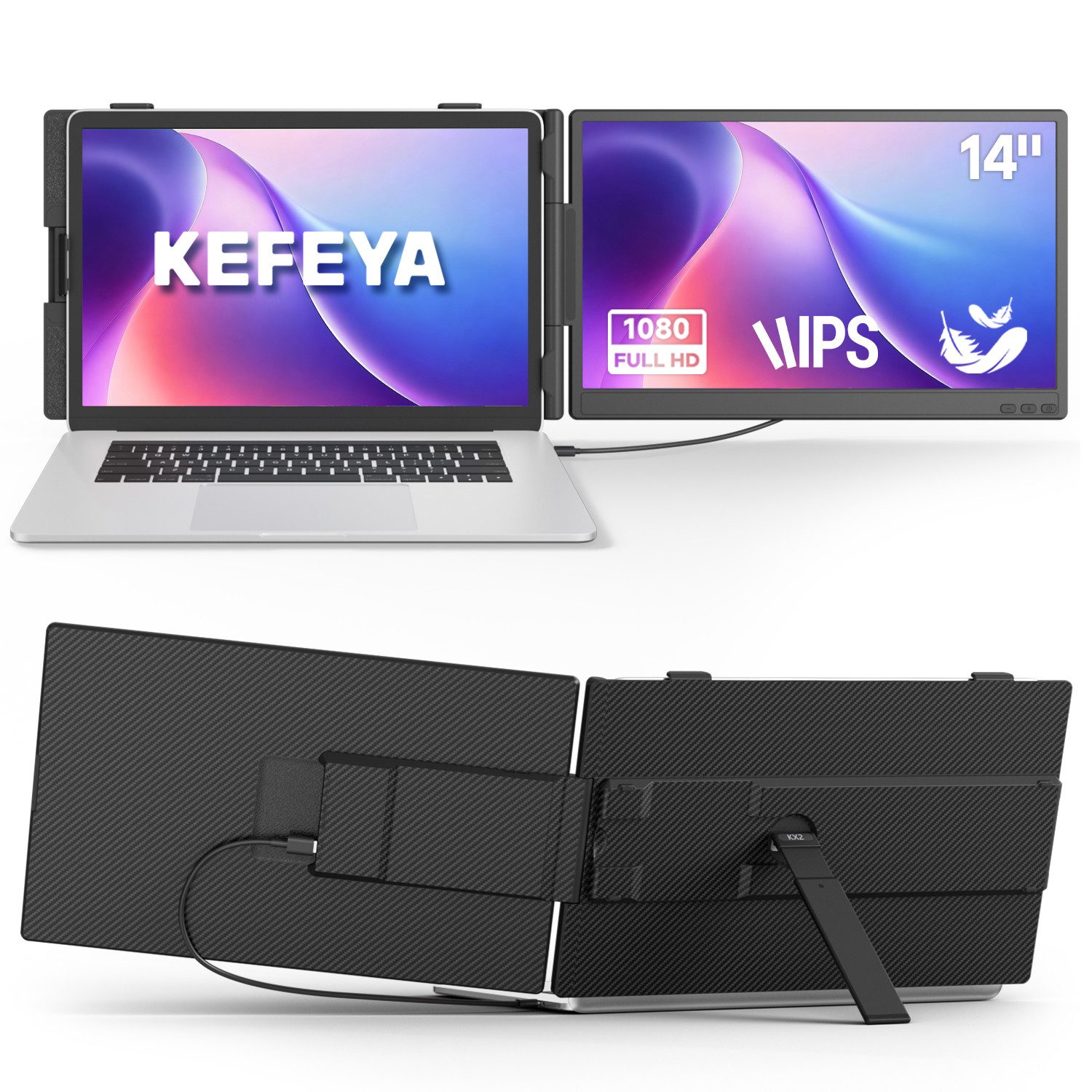 KEFEYA Portabler Monitor, Laptop-Bildschirm-Extender, Dual-Display, LCD, IPS Portabler Monitor (36 cm/14 ", 1920x1080 px, Full HD, 60 Hz, IPS, LCD, Laptop-Bildschirmerweiterung, Kompatibel mit Mac/Windows/Chrome etc)