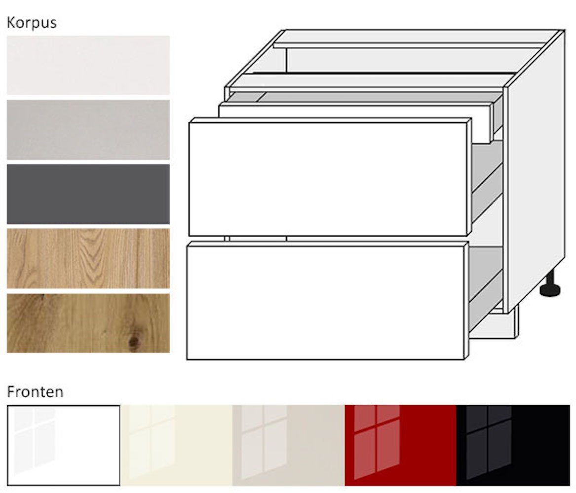 Feldmann-Wohnen Unterschrank Platinium (Platinium) Front- & Korpusfarbe wählbar 2 Schubladen 1 Innenschublade schwarz Hochglanz