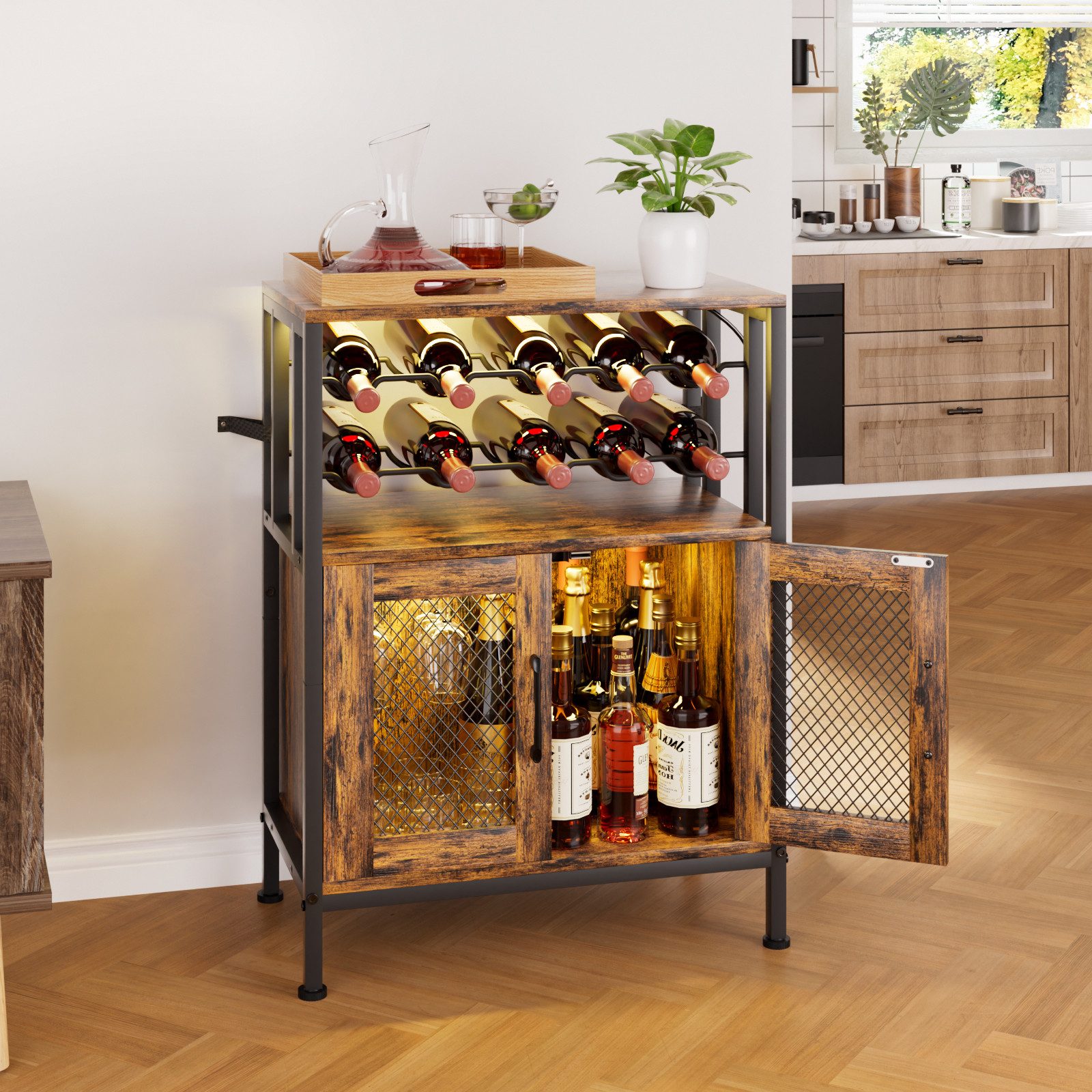 Yorbay Weinschrank Vintage mit LED Beleuchtung, Abnehmbares Weinregal für 10 Flaschen (6 Gläser Halter, Küchenschrank Sideboard 60x24x80cm) Weinständer für Küche & Esszimmer