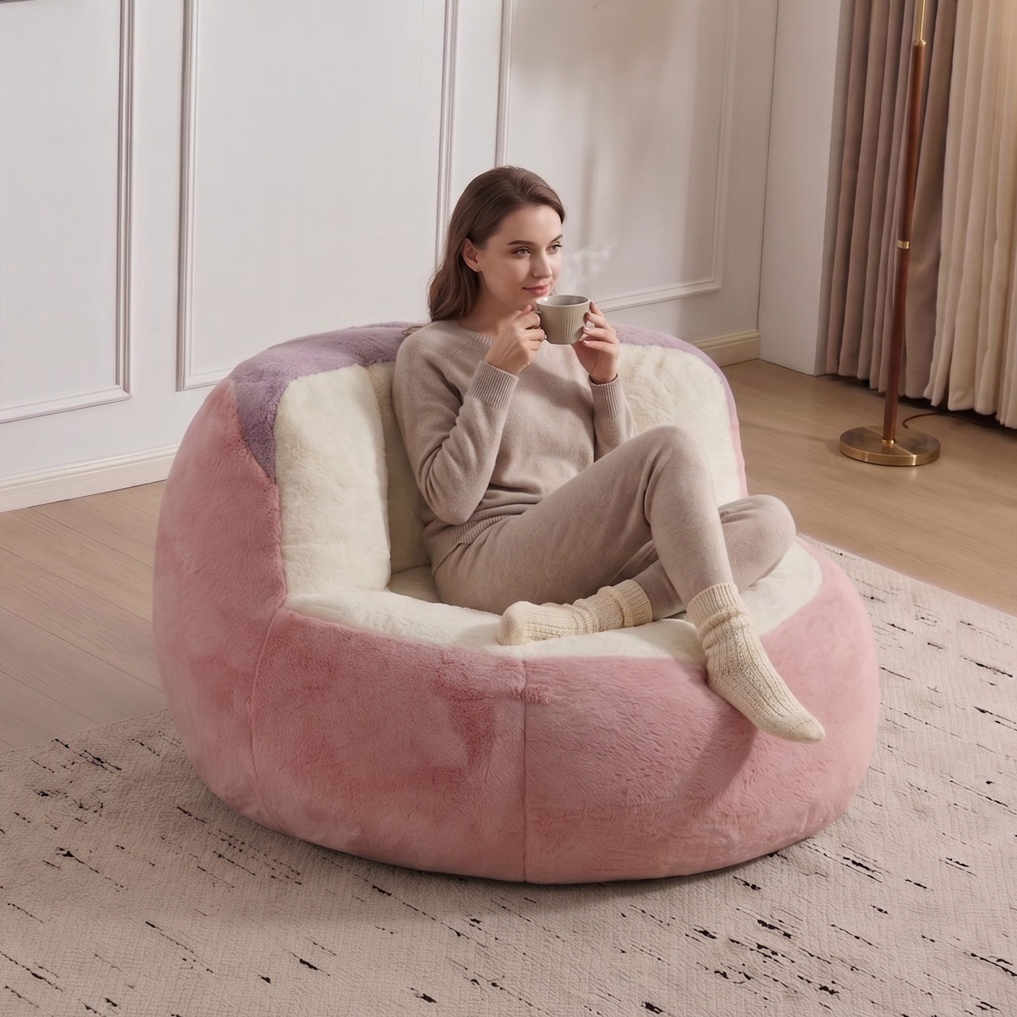 Vankel Relaxliege Sofas Wohnzimmer Bean Bag Sessel aus weichem Kunstfell, Mit Schaumstoffflocken, Tragegriff und rutschfester Unterseite