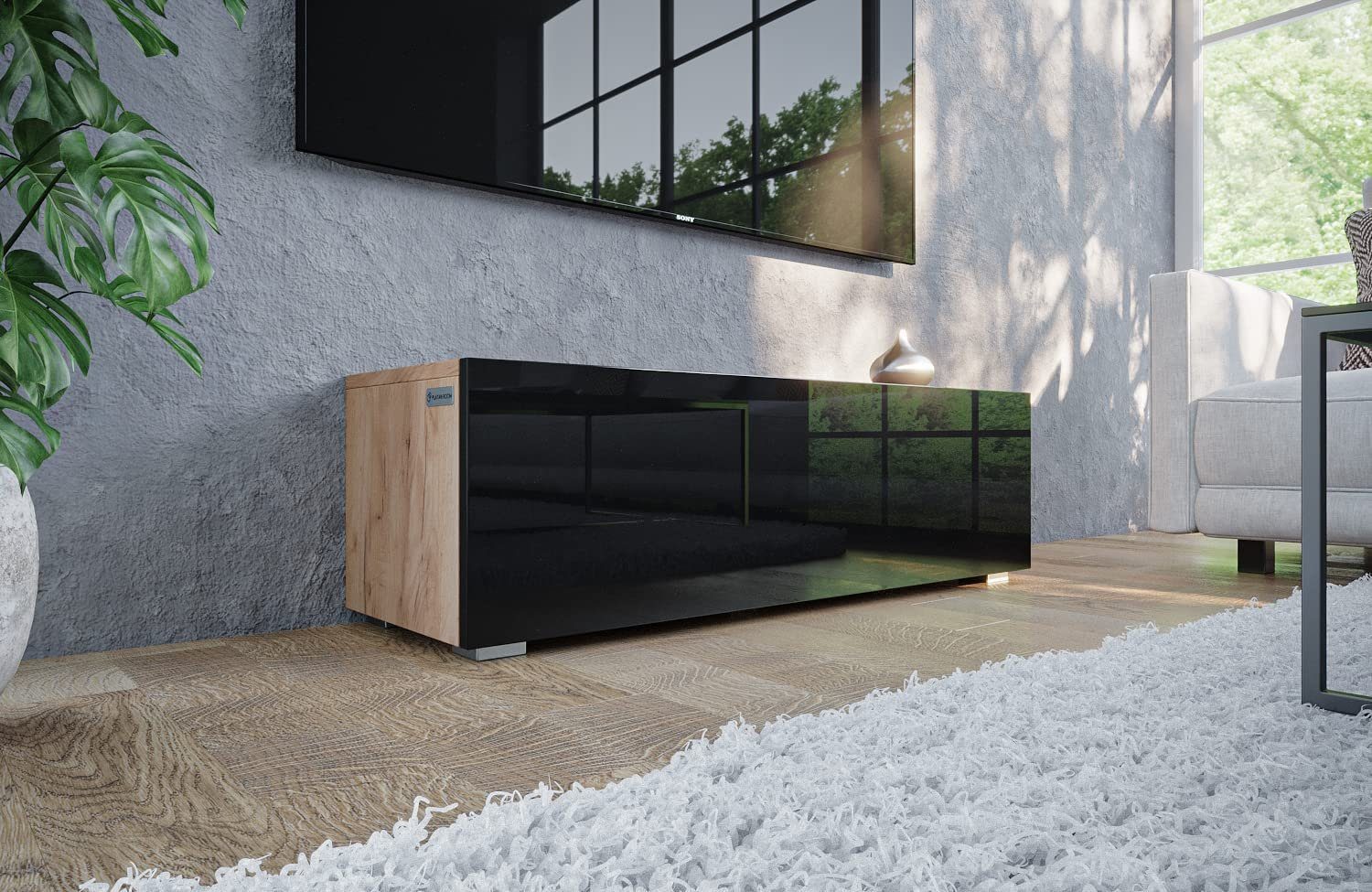 PLATAN ROOM Meuble TV Bas Suspendu Ou Debout 160 Cm - Noir Mat Design Épuré
