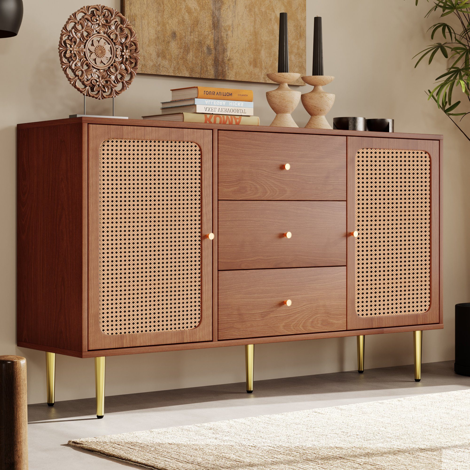 Beistellschrank Füße mit Verstellbare Rattan Sideboard Schubladenschrank und aus Kommode Türen aus Massivholz Anrichte WISHDOR Ablage 3 Metall, Schubladen (Schubladenkommode 2 Schrank Holz),