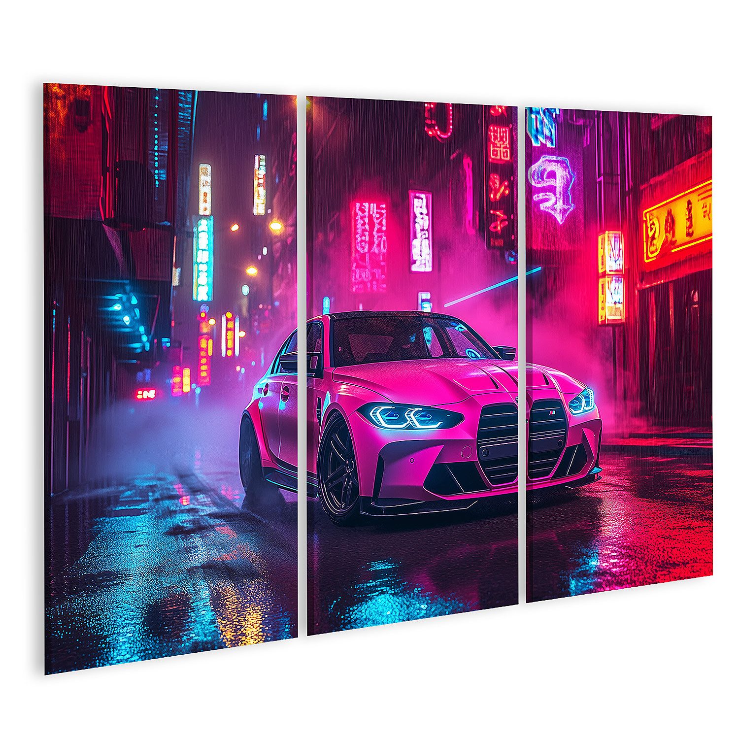 islandburner Leinwandbild, Neon beleuchtetes Auto in nächtlicher Stadt