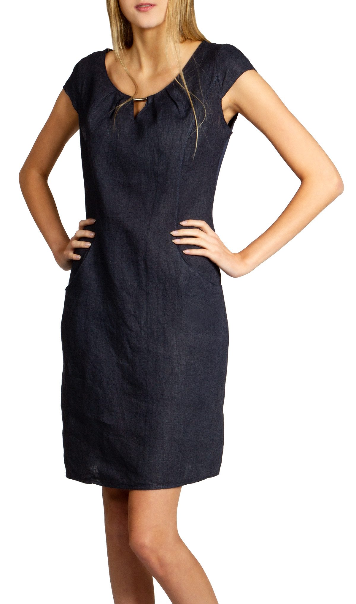 Sommerkleid SKL020 knielanges Damen Sommer Leinenkleid mit eleganter Metallspange