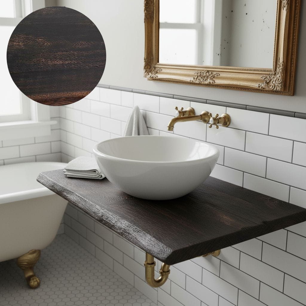 KEINerlei® Waschtischplatte Tischplatte Vintage Schwarz Cognac Eiche Baumkant Massive Holz, 4cm Starke