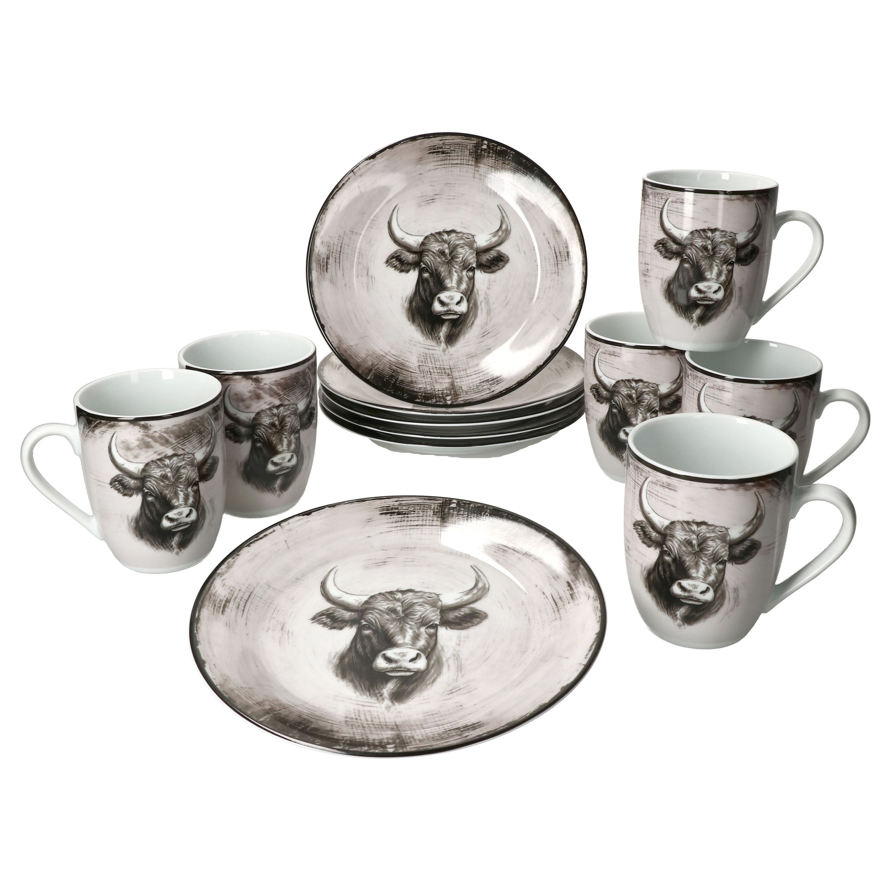 MamboCat Frühstücks-Geschirrset Toro 12tlg Frühstücksset Porzellan Landhaus Kuhmotiv 6 Becher Teller, Porzellan