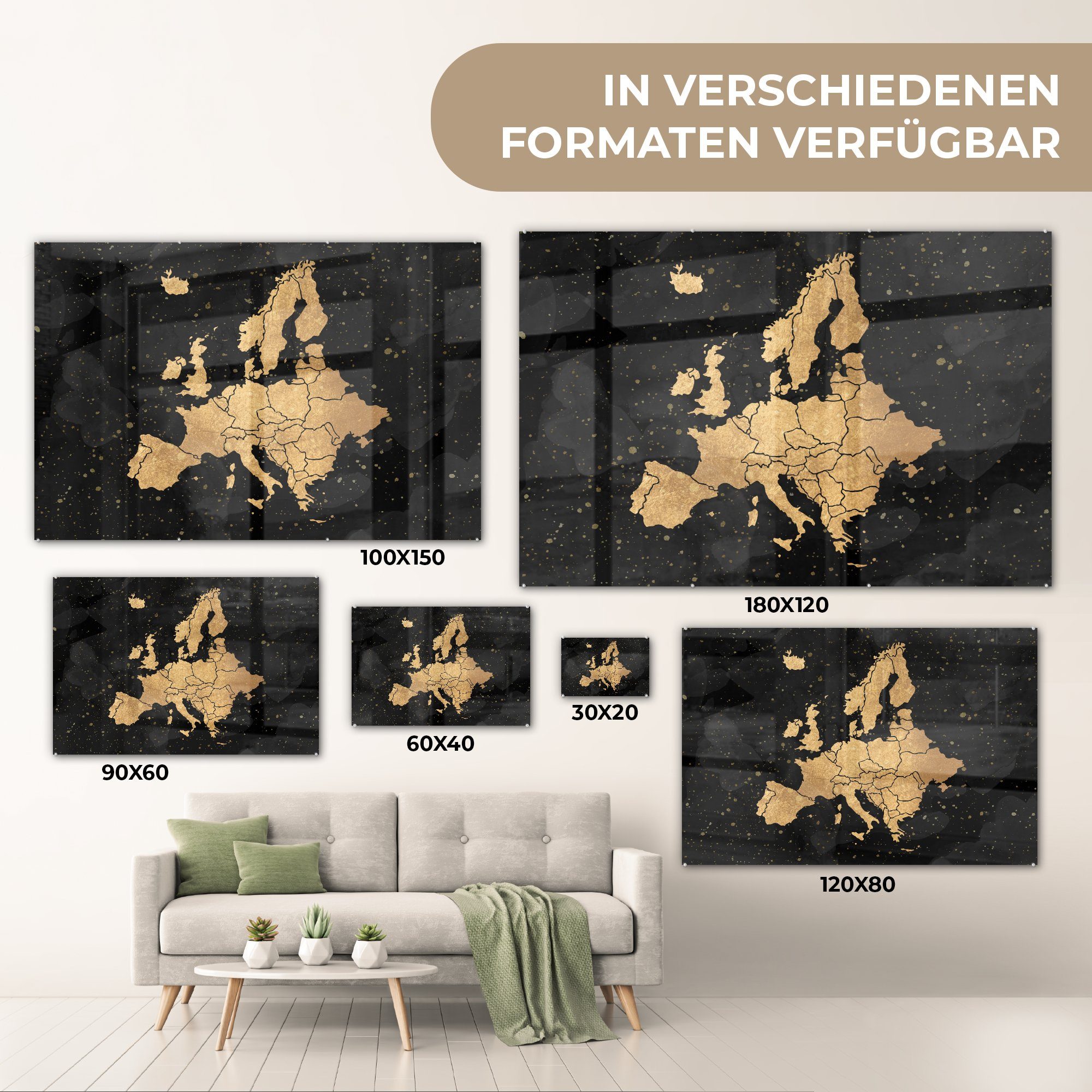 (1 & Acrylglasbild - - Karte St), Schlafzimmer Europa MuchoWow Acrylglasbilder Gold, Wohnzimmer