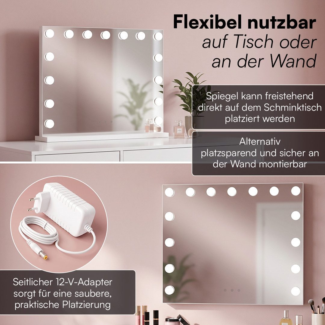 Bellamio Schminktisch Livny mit 5 Schubladen und Spiegel, Make Up Tisch 110×53×80 cm, Weiß (mit Hollywood-Spiegel, USB-Anschluss), Schminkspiegel 58×46 cm, 3 Fa – Bild 5 von 5