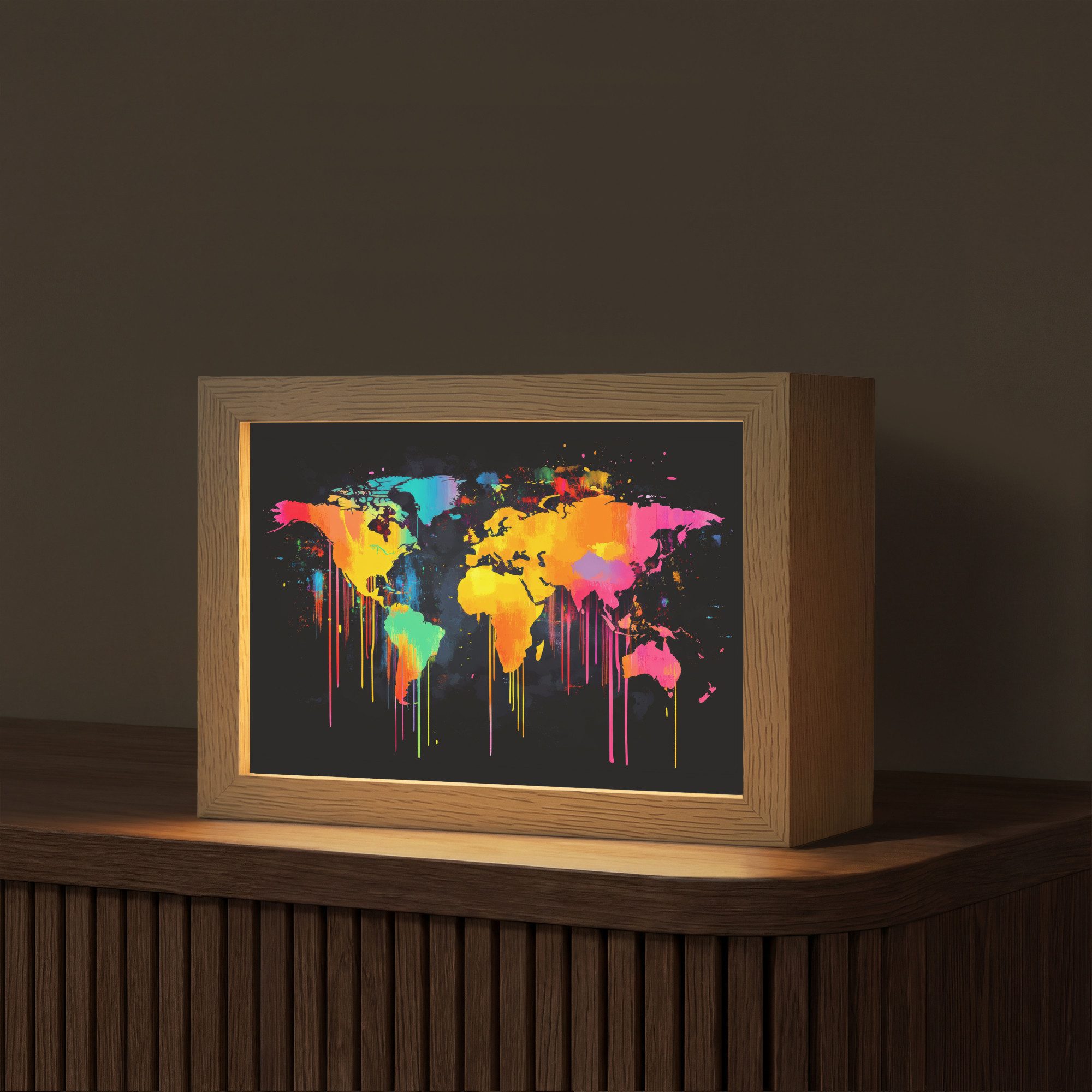 OnlyWow Tischleuchte Lightbox Weltkarte - Farbe - Bunt - Graffiti - Welt, Dimmbar, Farbwechsel, LED, Warmweiß, Kaltweiß, Neutralweiß Einstellbar, Tischlampe, Schreibtischlampe, Desk, Dimmbar, mit Kabel, LED
