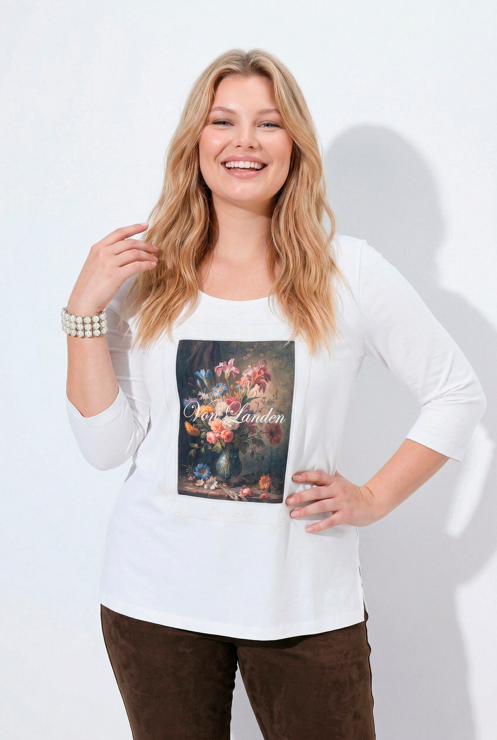 Ulla Popken T-Shirt Shirt Stickerei Classic Carré-Ausschnitt 3/4-Arm