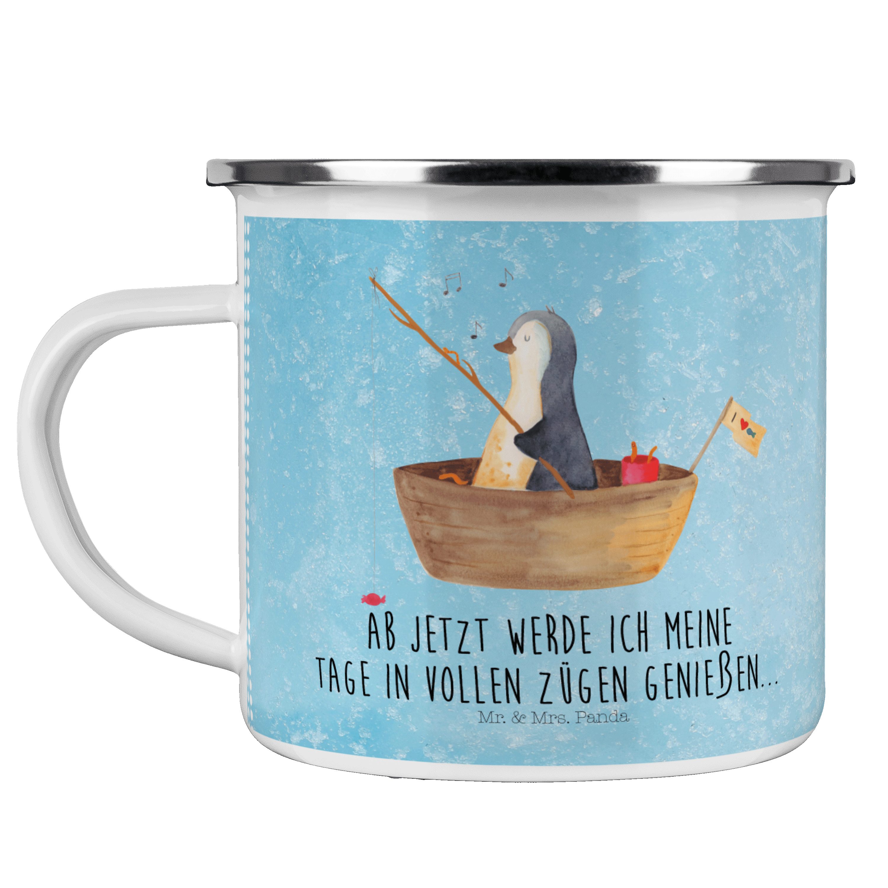 Mr. & Mrs. Panda Becher Pinguin Angelboot - Eisblau - Geschenk, Lebenslust, Motivation, Metal, Emaille