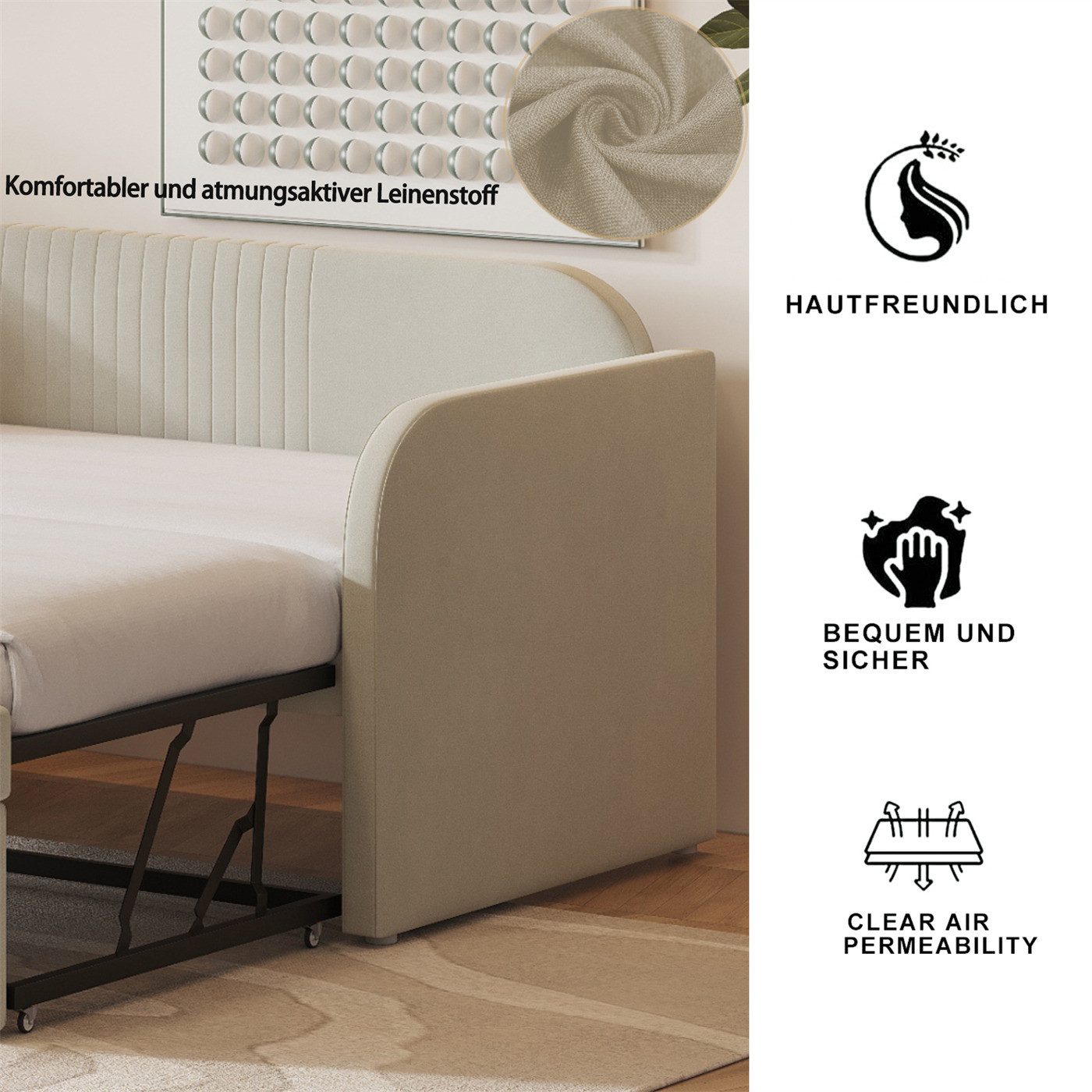 autolock Schlafsofa Polsterbett,Ausziehbares Schlafsofa 90/180*190cm,mit Lattenrost, mit vertikalen Streifen,Multifunktionsbett,atmungsaktiver Leinenstoff