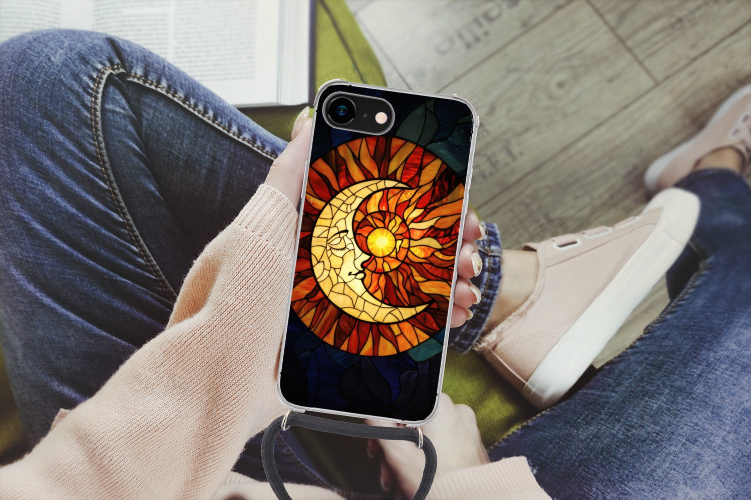 MuchoWow Handyhülle für Apple iPhone 7 Mosaik - Glas - Mond - Dunkelblau, Tragbare Handyhüllen mit Kette zum umhängen, Handykette Handyband