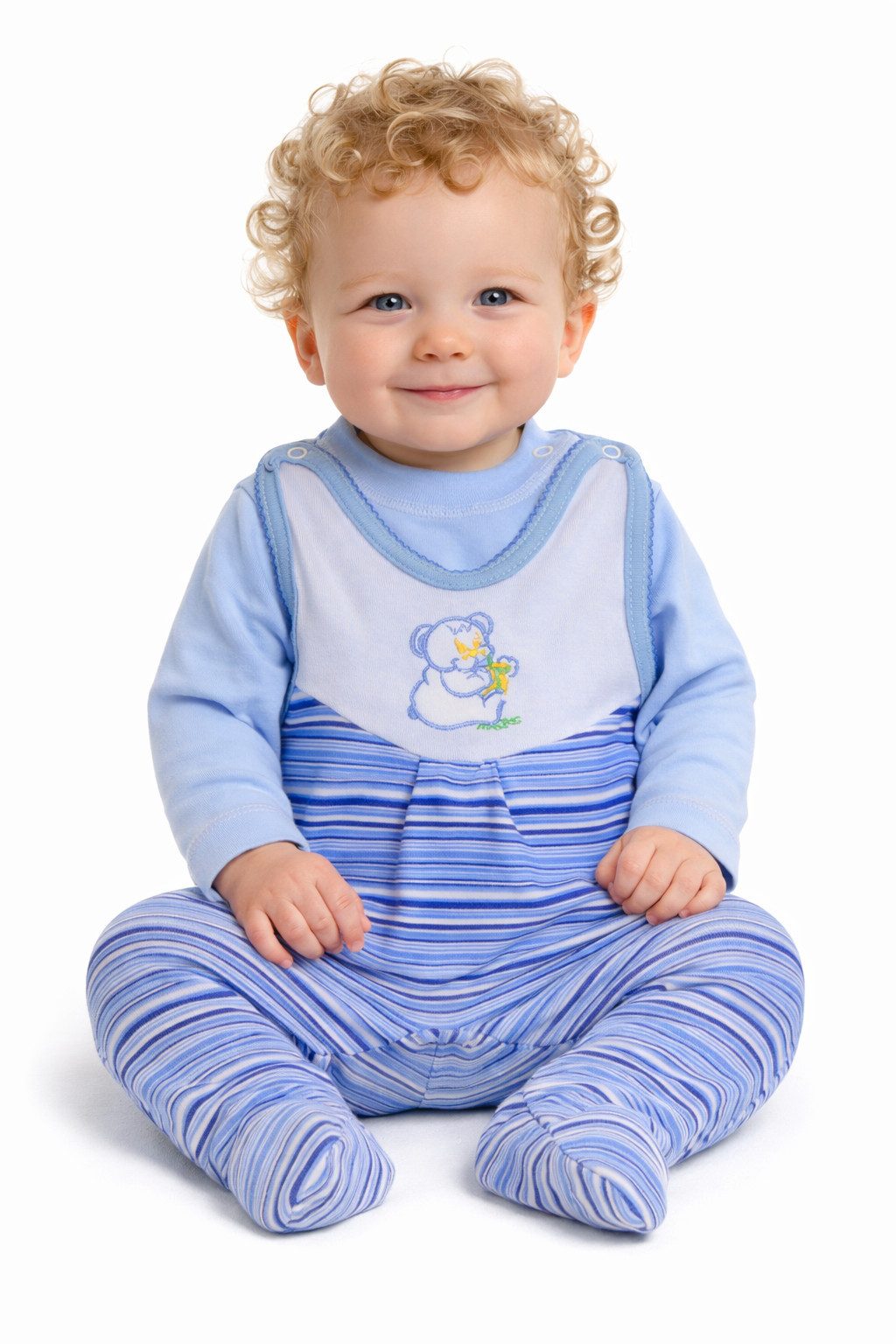 La Bortini Strampler Baby Strampler und Hemdchen Set in Blau gestreig mit Bärchen aus reiner Baumwolle, 56 62 68 74