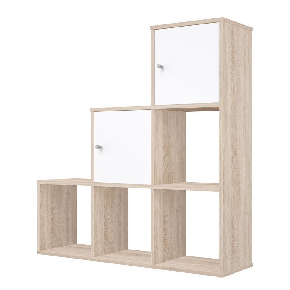 Polini Home Raumteilerregal Stufenregal beige 6 Fächer mit 2 Türen weiß,  mit zwei Türen