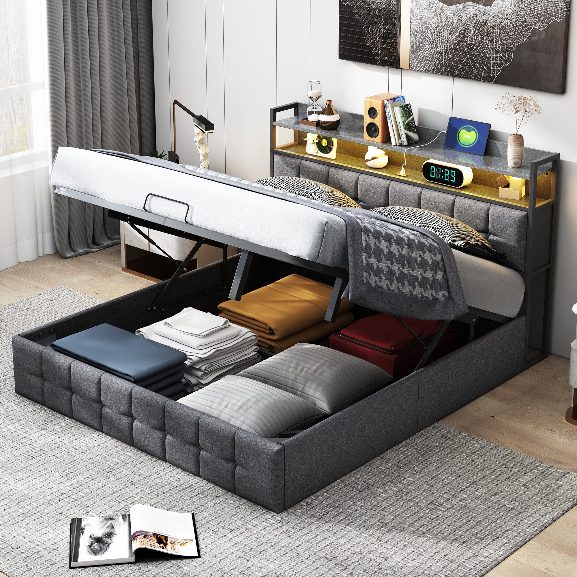 Furnishings Home Polsterbett Stauraumbett Doppelbett LED (Ausgestattet mit günstig online kaufen