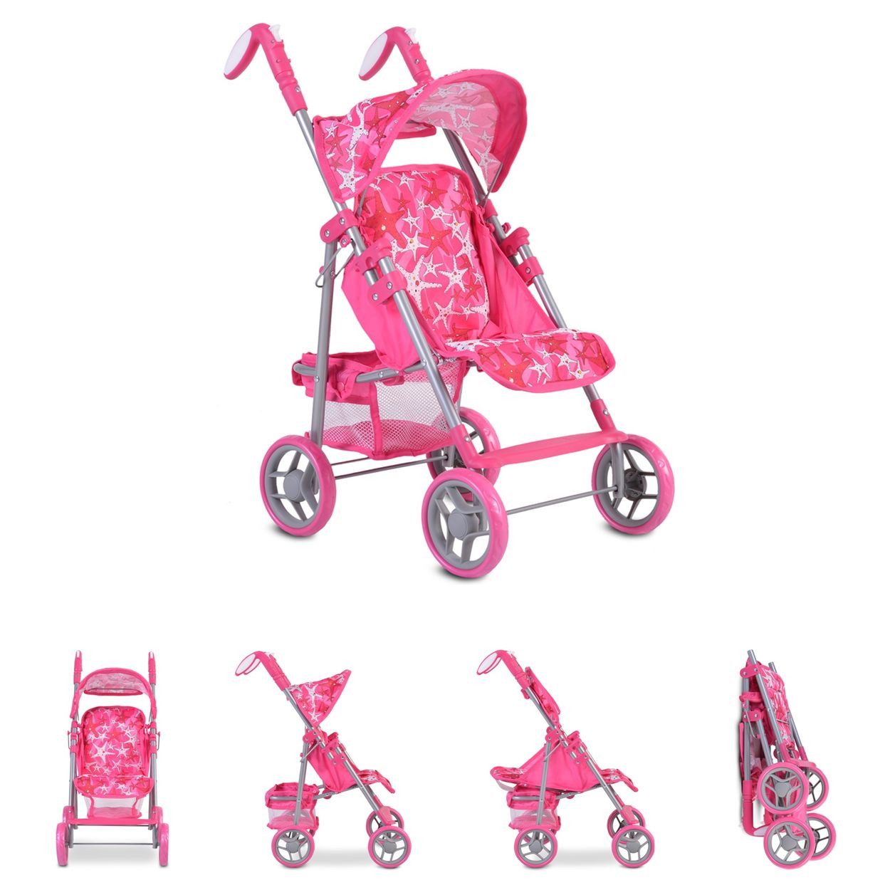 Moni Puppenbuggy Stars 9351, faltbar, Rückenlehne, Schiebegriffe verstellbar, 100% Polyester