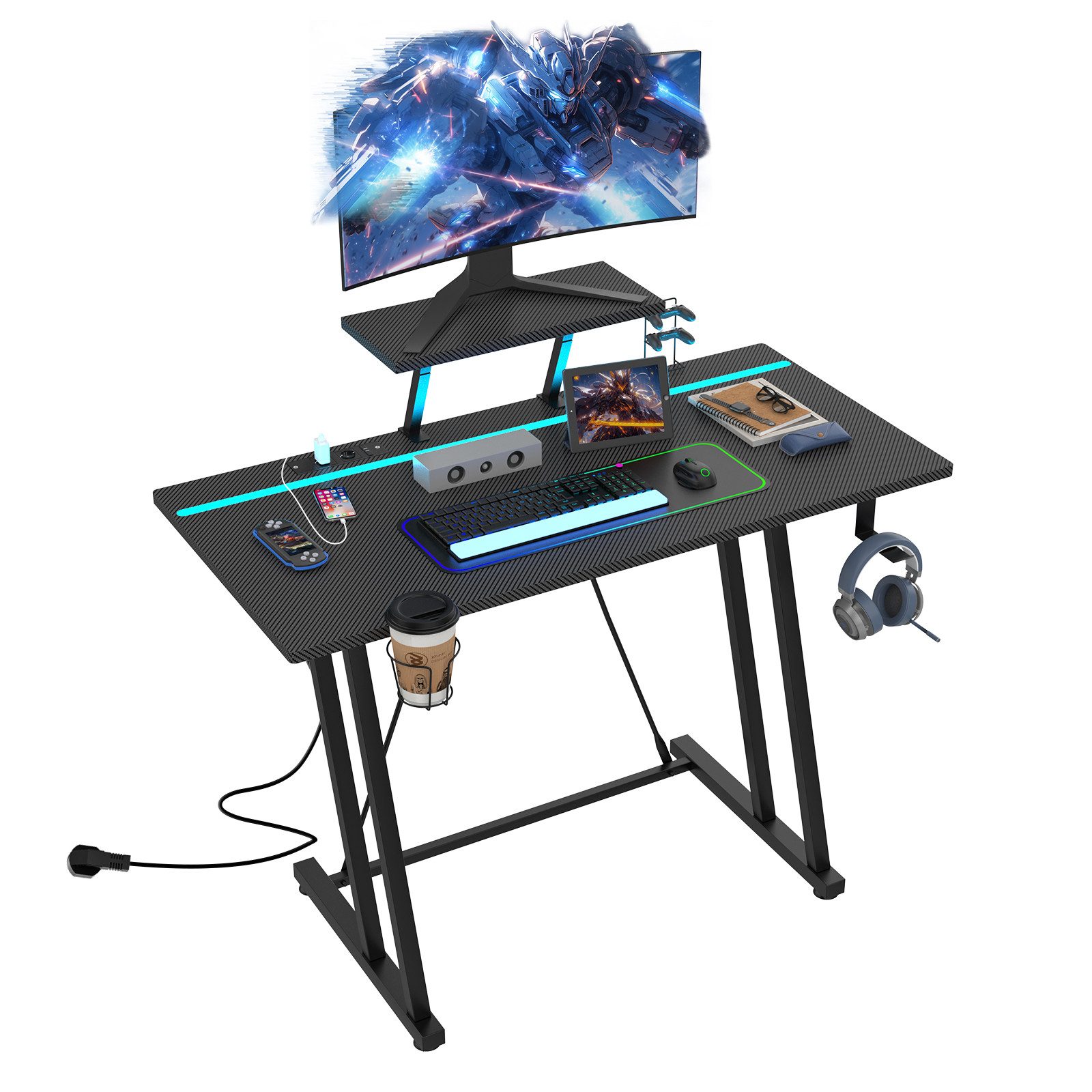 JEOBEST Schreibtisch Computertisch Gaming Tisch mit Monitorständer und Haken, (1 Tisch), Stabil Stahlgestell Industrie-Design, für Büro, Heimbüro