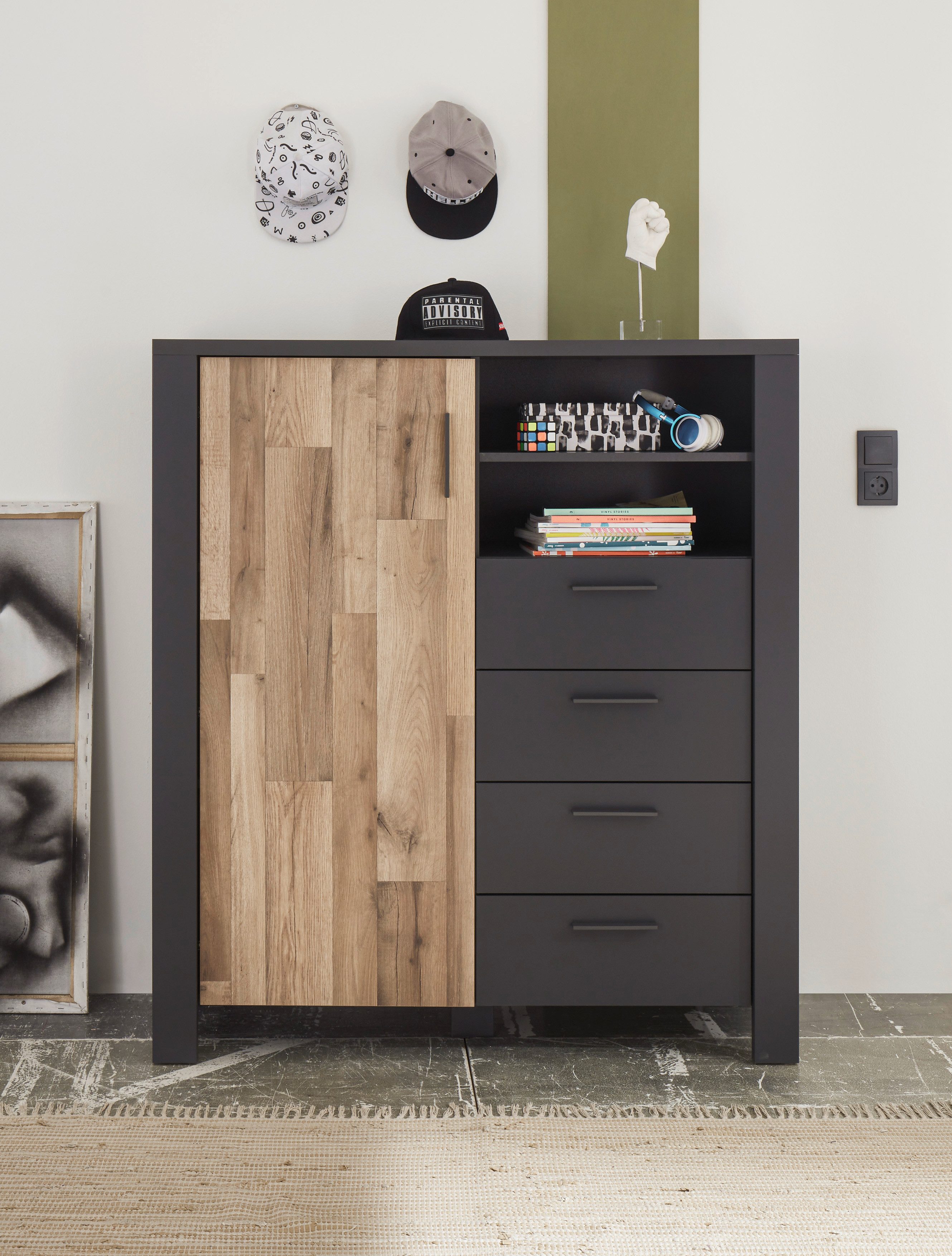 Begabino Schubkastenkommode Dallas Hochkommode, Sideboard, Wäscheschrank, mit Schubkästen, Schrank in Montana Oak-Graphit
