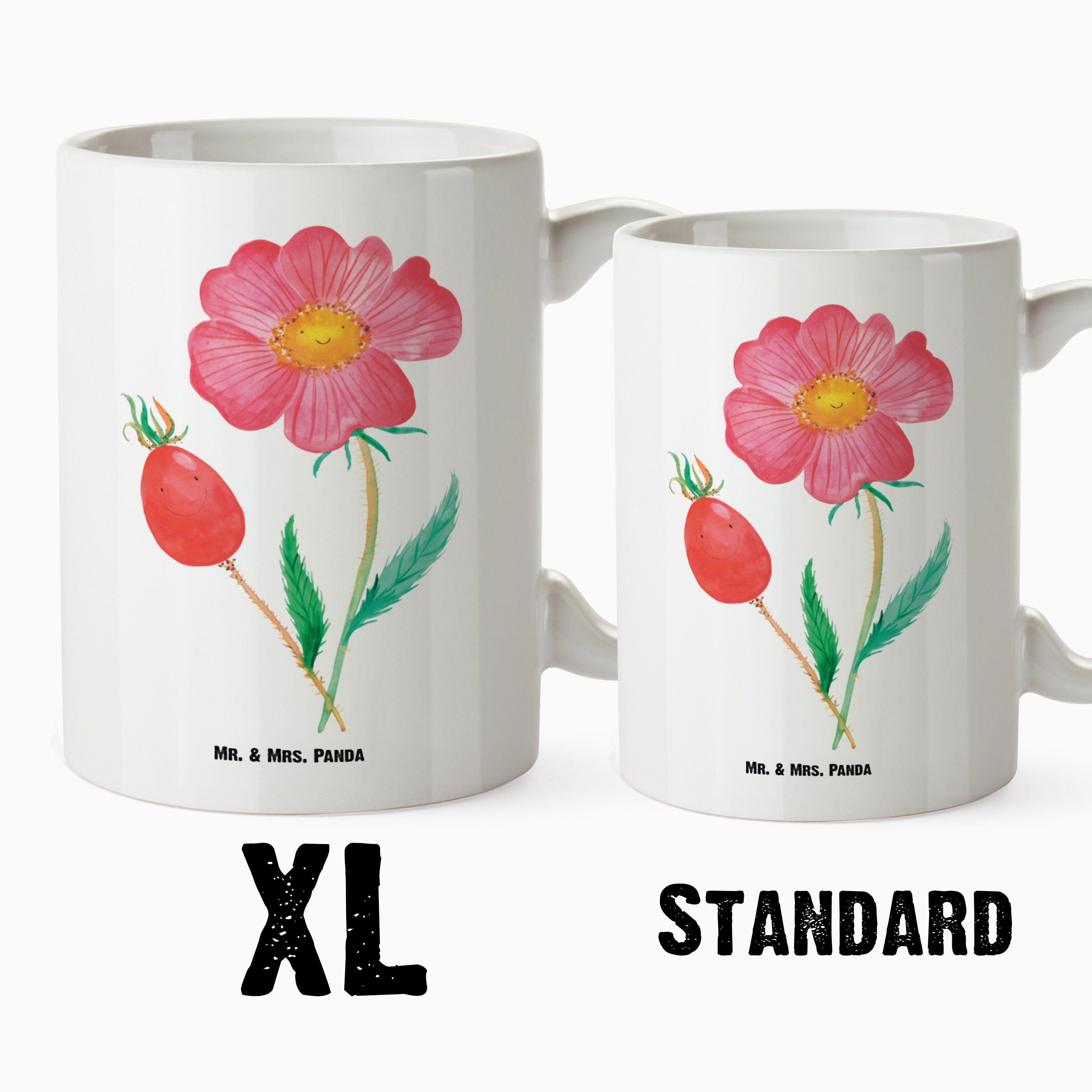 - & Mr. Panda Geschenk, Tasse Mrs. Blumen, Deko, Frühlings Tasse XL XL Garten, Weiß Tasse, Hagebutte Keramik -