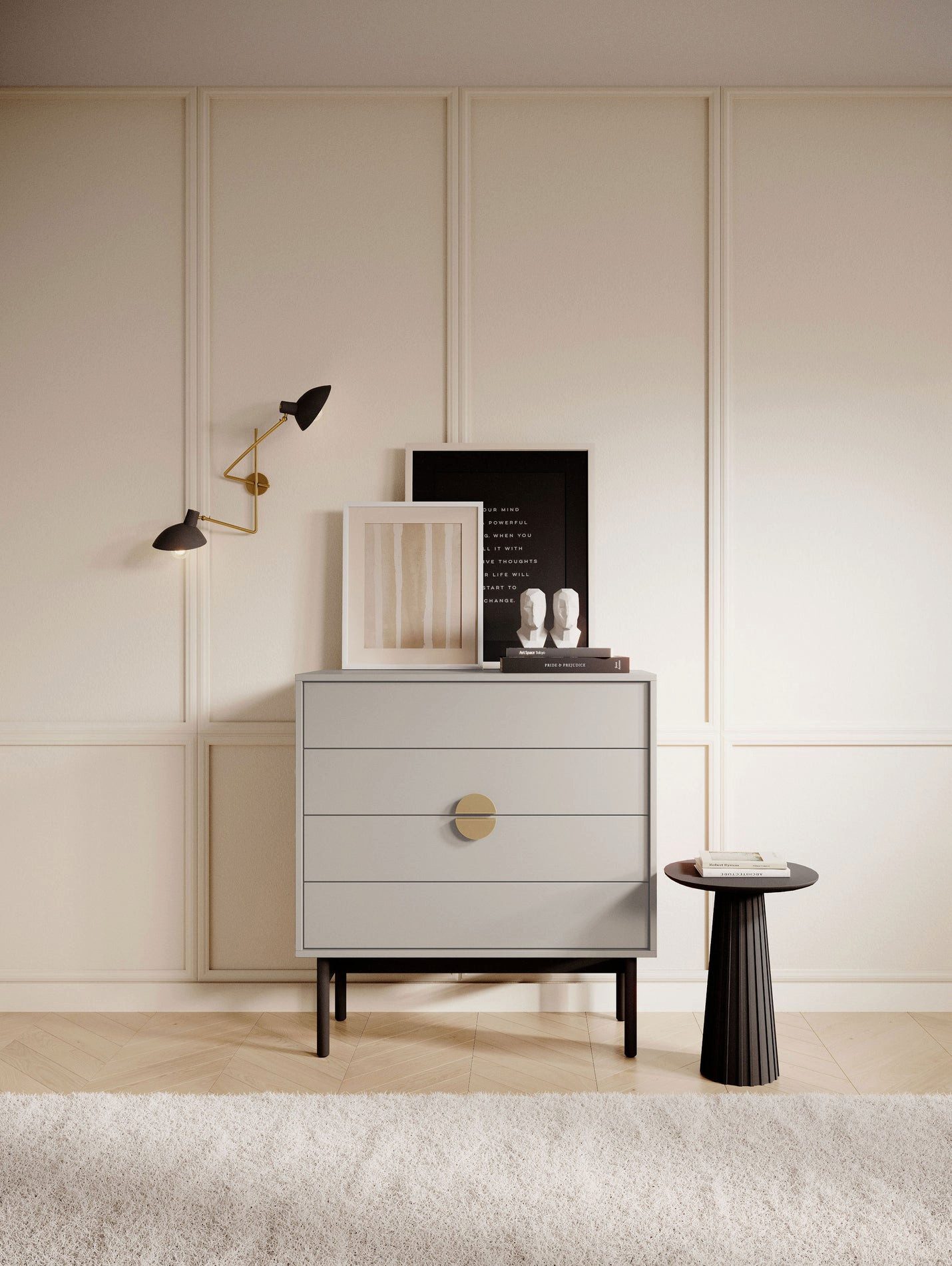 Selsey Kommode MILOMAR, Vier geräumige Schubladen, Trendfarbe Graubeige, modernes Design