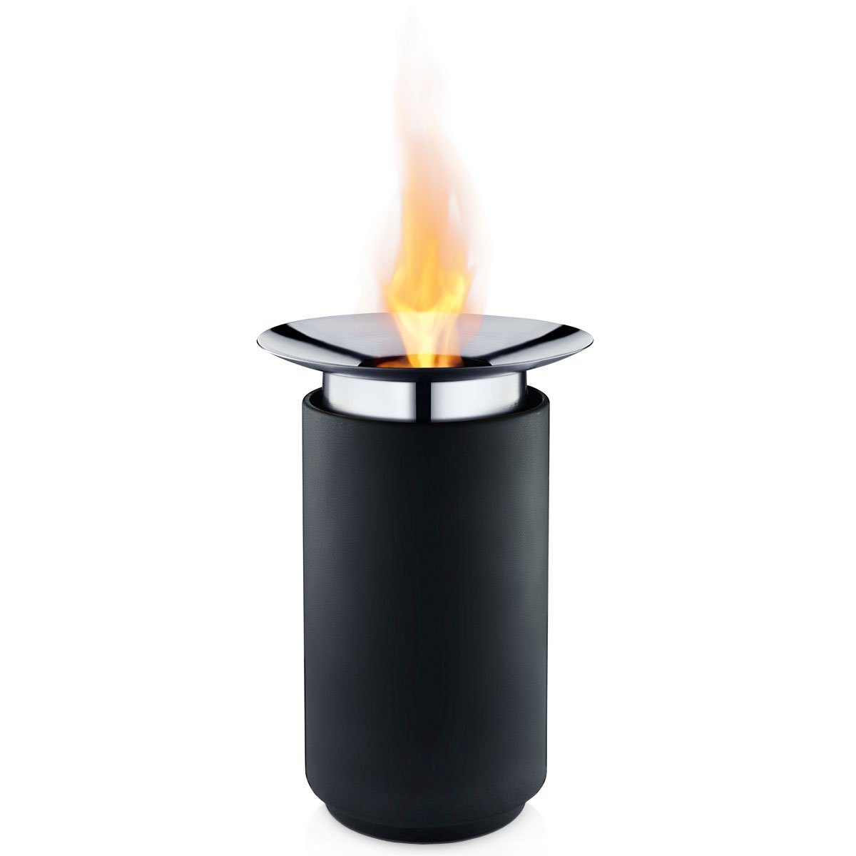 Feuerstelle LUNA; Exklusive Gelfeuerstelle aus schwarzem Stahl & poliertem Edelstahl; Tischfeuer inklusive Löscher