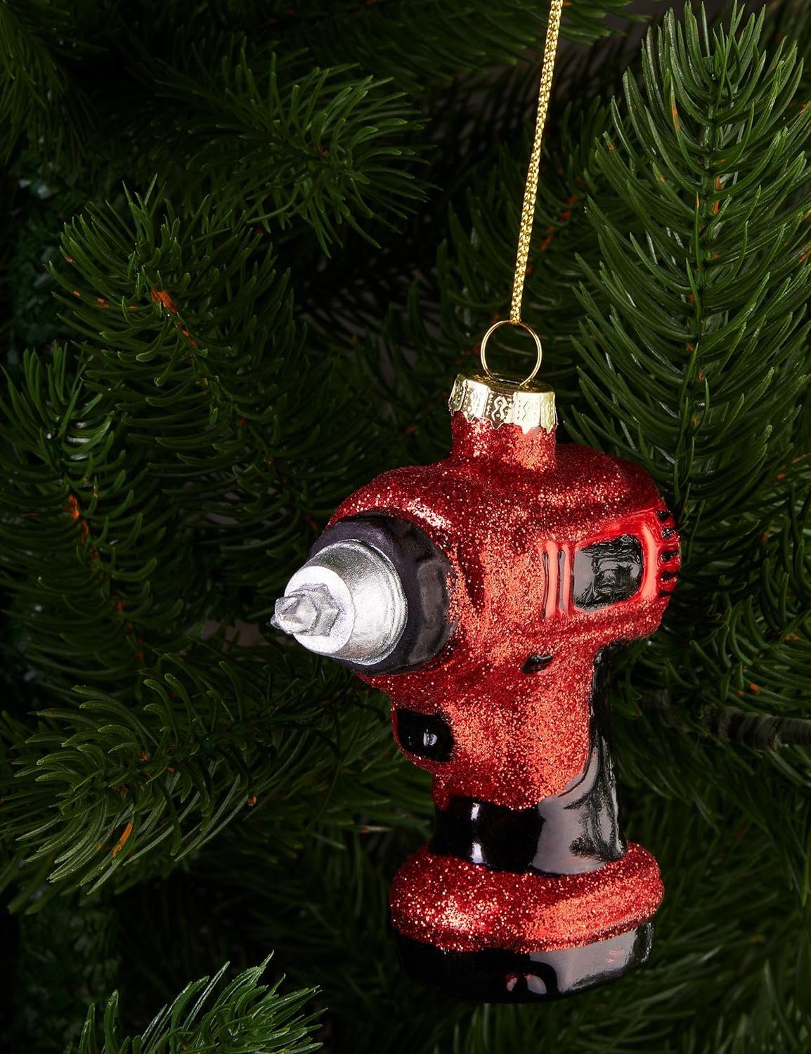 BRUBAKER Weihnachtsbaumkugel Akkuschrauber Rot - - Figur - Weihnachtsdeko Weihnachtskugel (1 Christbaumschmuck Anhänger Handbemalte St), Handwerker für Glas Baumkugel aus