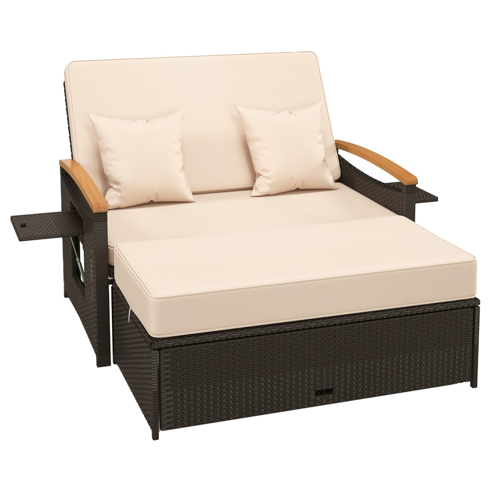 COSTWAY Loungebett outdoor, Rattan, 2-Personen, Gartenliege mit verstellbarer Rückenlehne