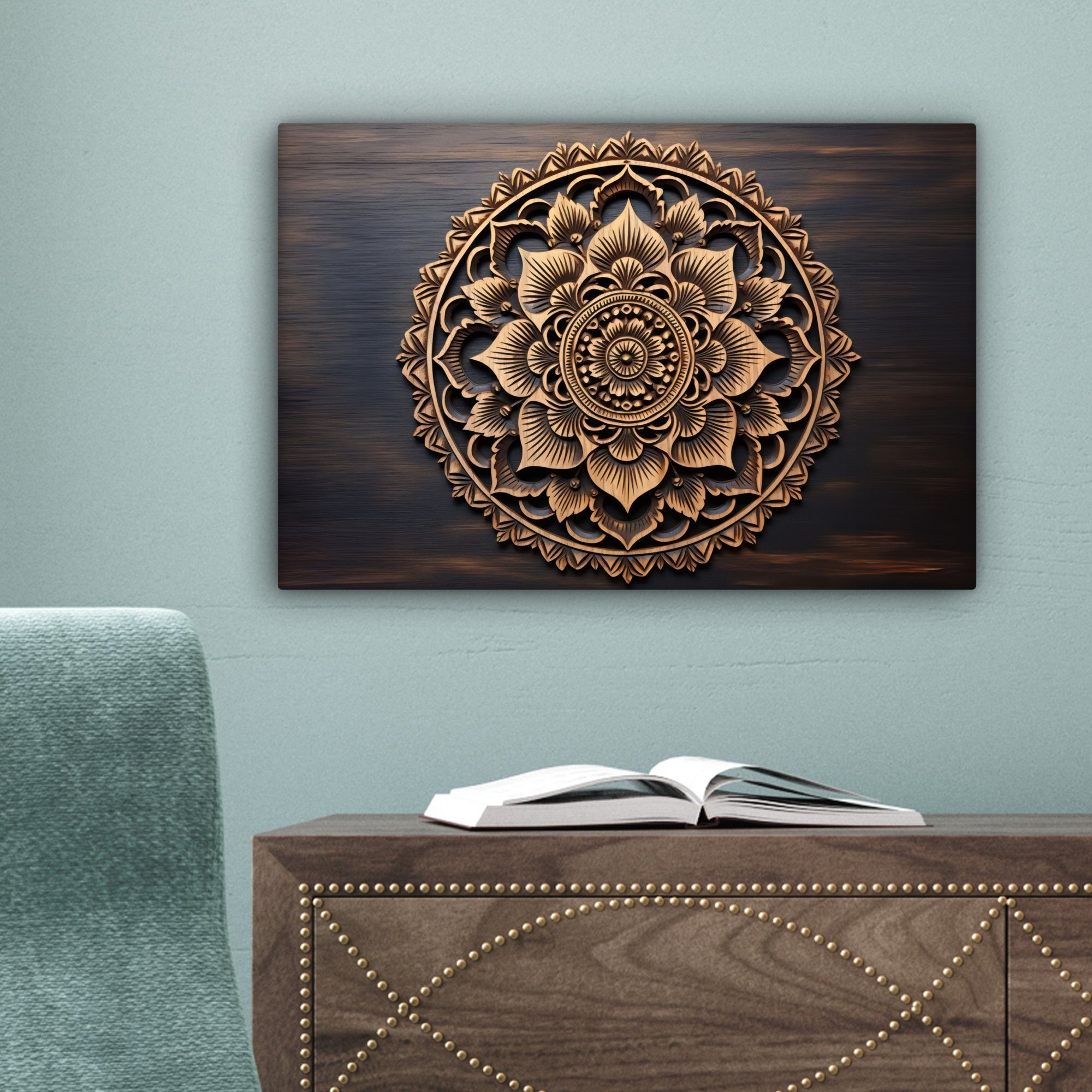OneMillionCanvasses® Leinwandbild Mandala - Holz - Blumen - Braun, Fotodruck (1 St), Schlafzimmer Deko Aesthetic, Bilder über Bett, 20x30 cm – Bild 3 von 5