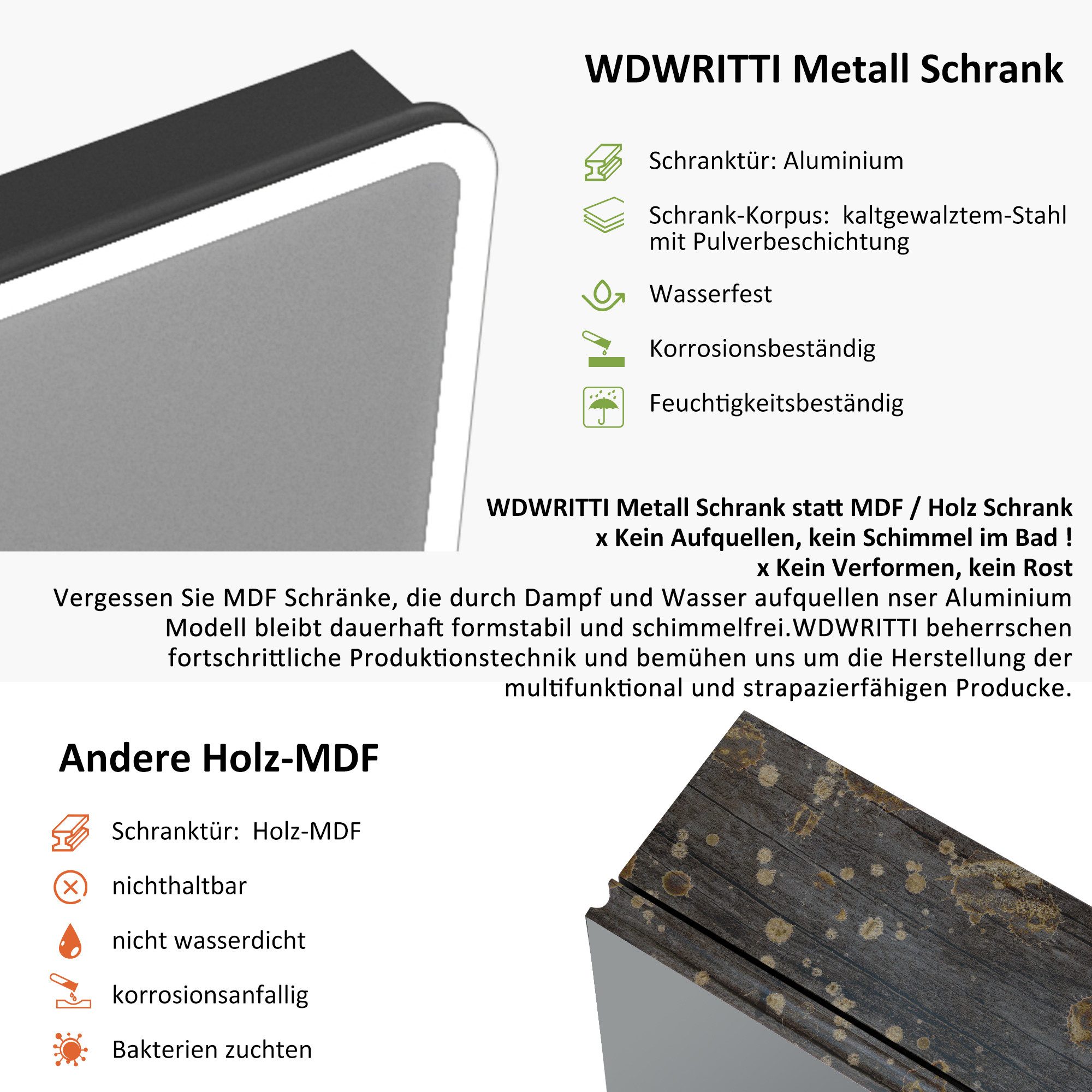 WDWRITTI Spiegelschrank Aluminum Schwarz Badezimmerspiegelschrank 2türig (Badschrank Badspiegelschrank Rechteckig, 80B x 13,5T x 60H cm) mit Netzadapter, vormontiert, Doppel Spiegel