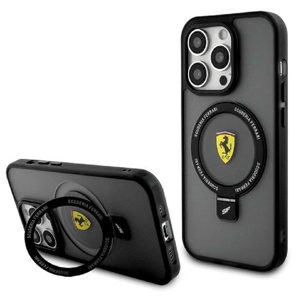Ferrari Handyhülle Case iPhone 15 aufstellbar Magsafe kompatibel Logo Matt dunkel 6,1 Zoll, Kantenschutz
