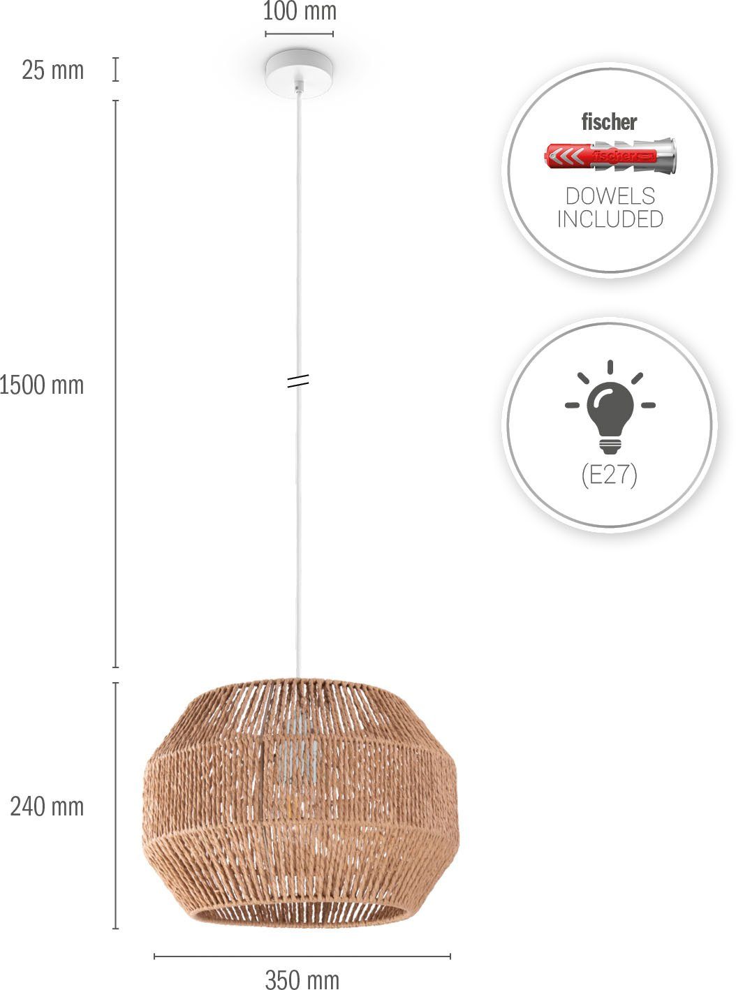 Modern Lampenschirm Rattan Paco Leuchtmittel, Home Optik Boho ohne Papier Pendelleuchte Wohnzimmer Esszimmer Yago, Hugo