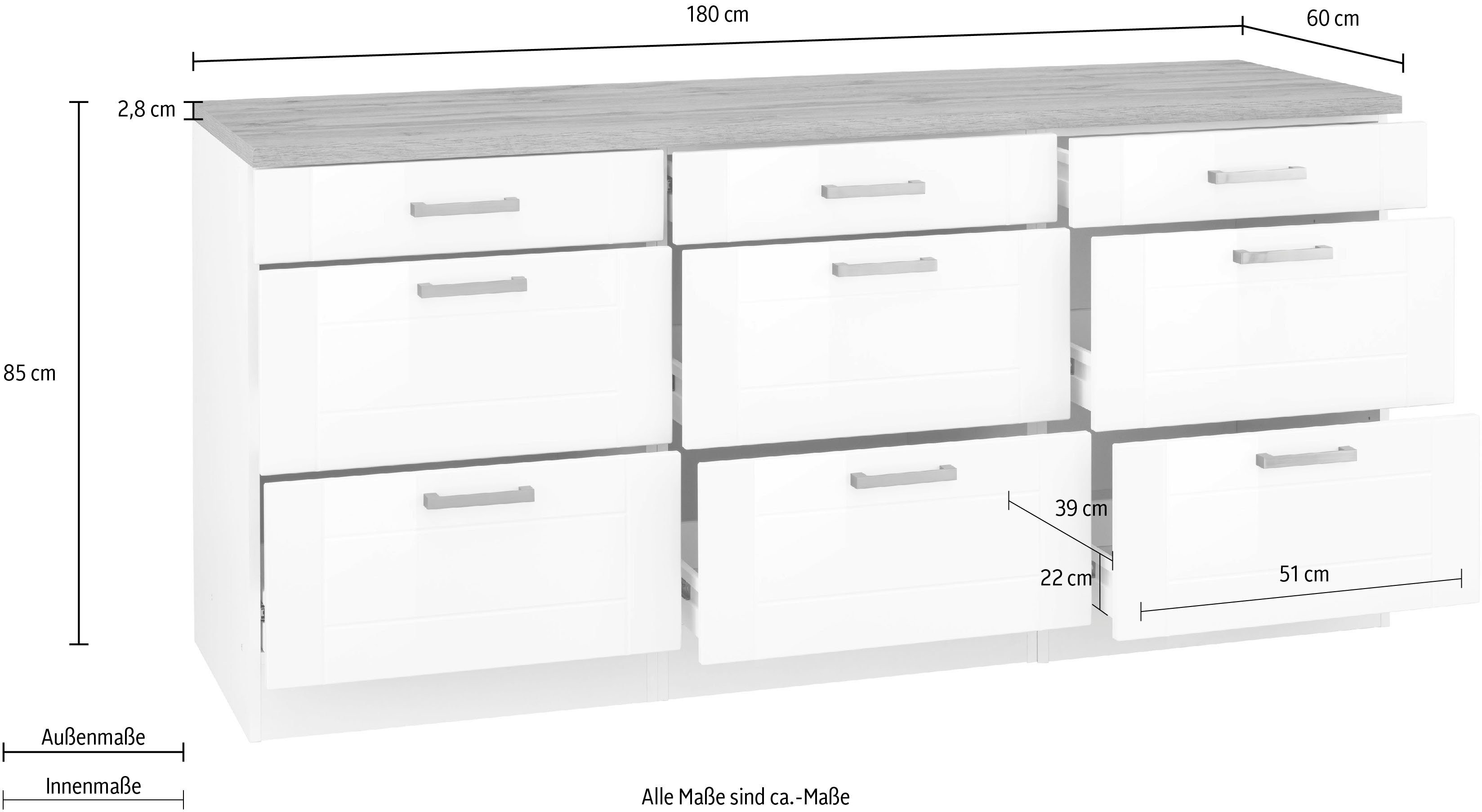 HELD MÖBEL Unterschrank Tinnum MDF 180 breit, cm Auszüge Metallgriffe, Fronten, mit | 3 weiß weiß Schubkästen, 6