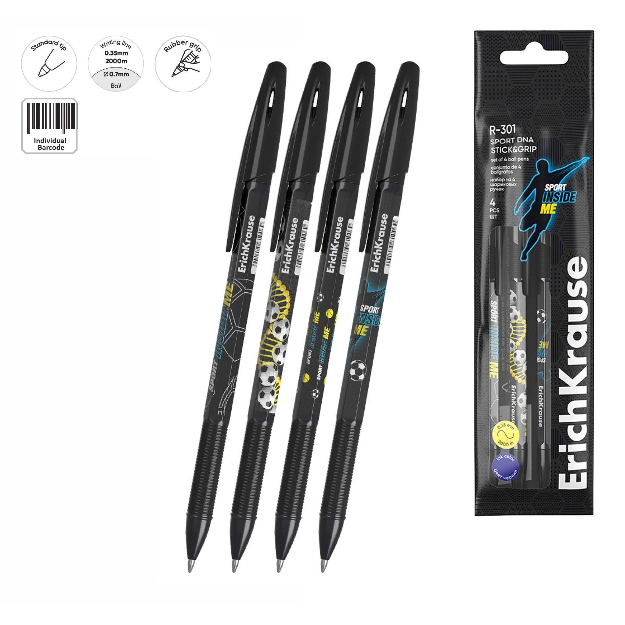 Erich Krause Kugelschreiber, Kugelschreiber R-301 Fußball Motiv 0,7mm 4er Set Blau
