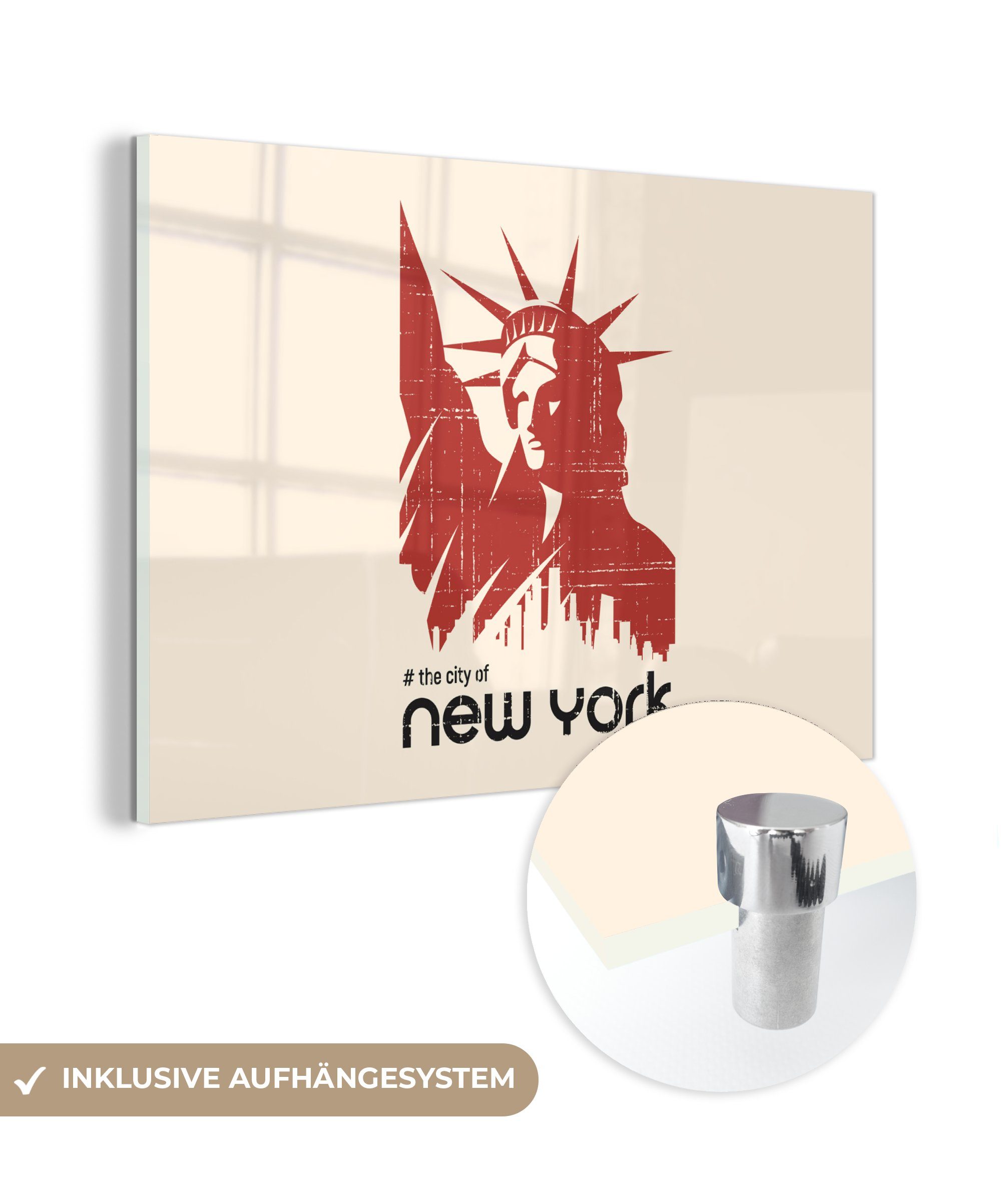 MuchoWow Acrylglasbild New York - Rot - Freiheitsstatue, (1 St), Acrylglasbilder Wohnzimmer & Schlafzimmer