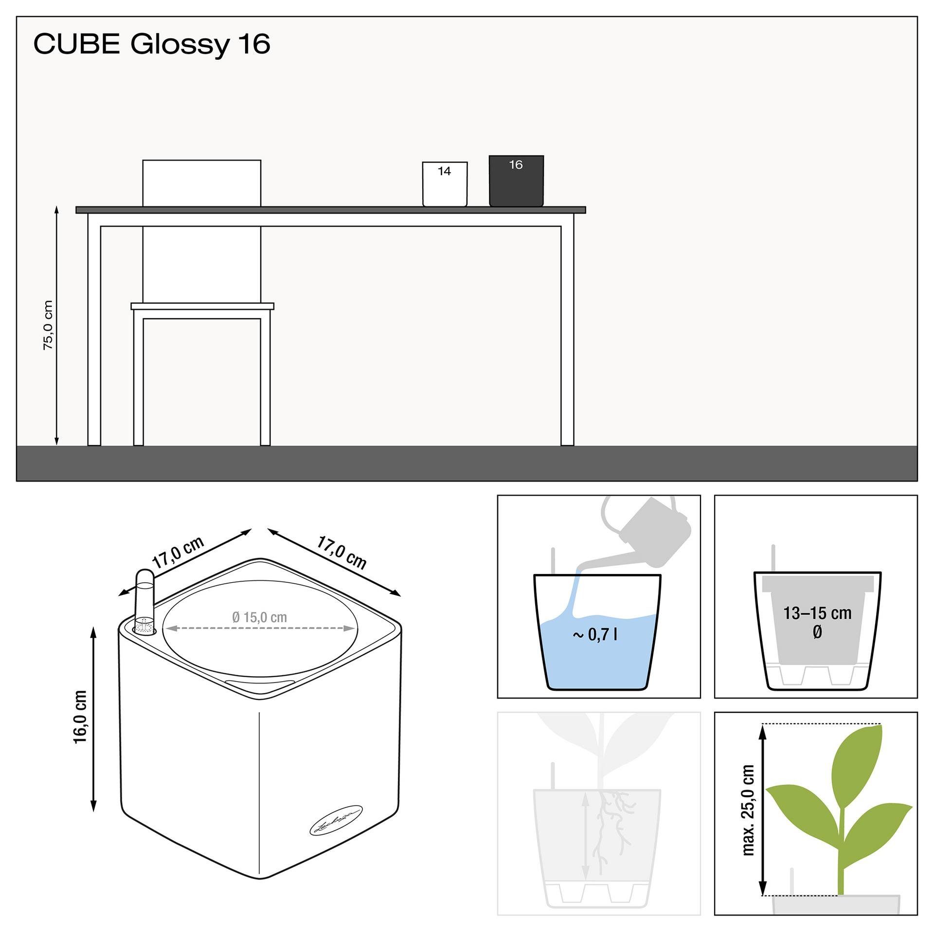 Cube St) (1 Glossy Blumentopf highgloss Lechuza® Anthrazit 16