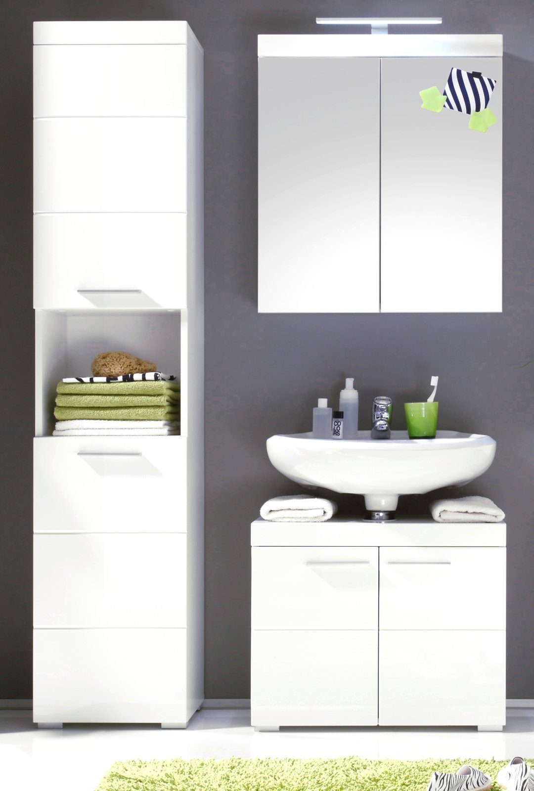 trendteam Badmöbel-Set Amanda, (Badset in weiß 3-teilig, 110 x 190 cm), Hochglanz, mit viel Stauraum