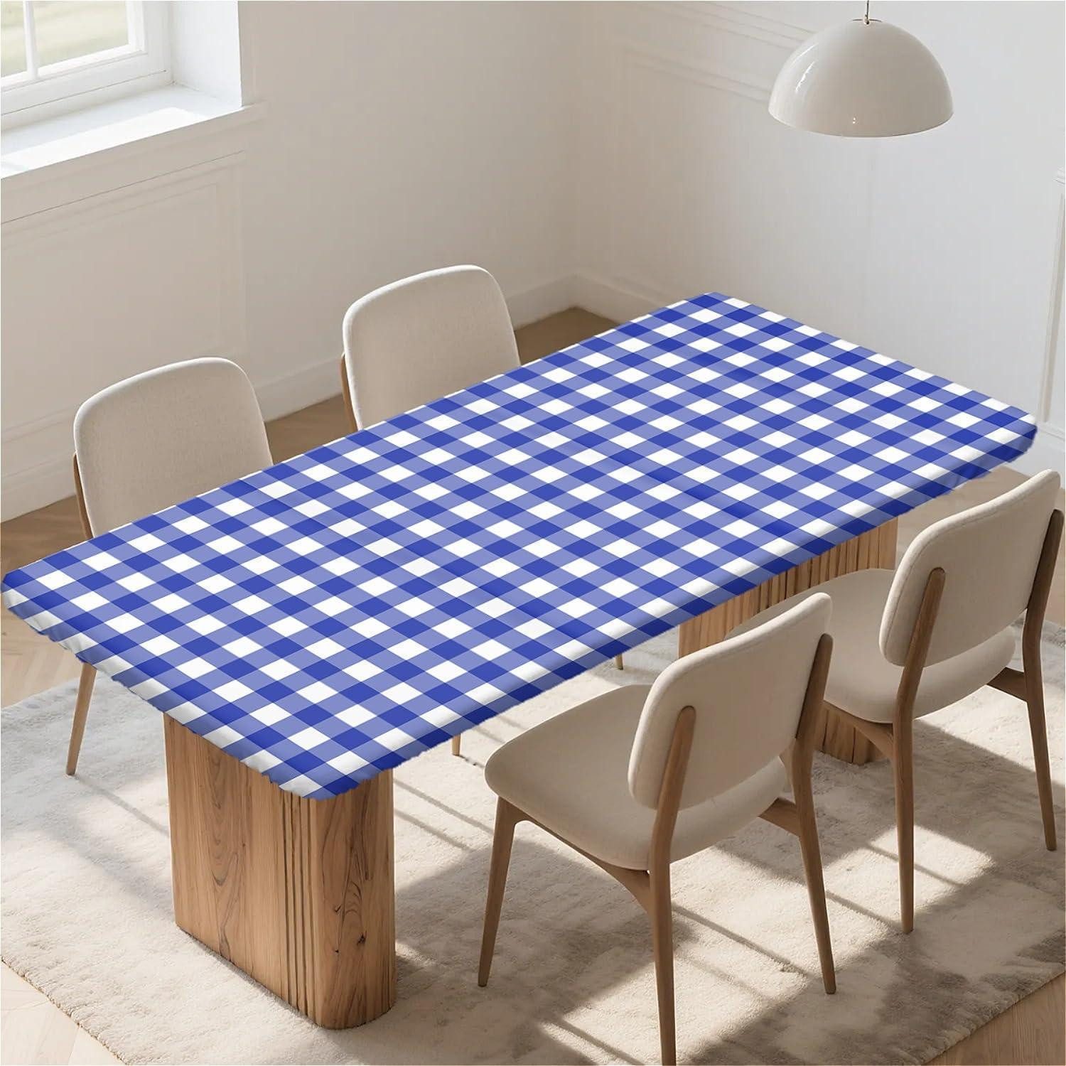 LuxusKollektion Tischdecke Tischdecke Rechteck 140x80cm Blau Kariert Gummizug Wasserdicht (1-tlg)