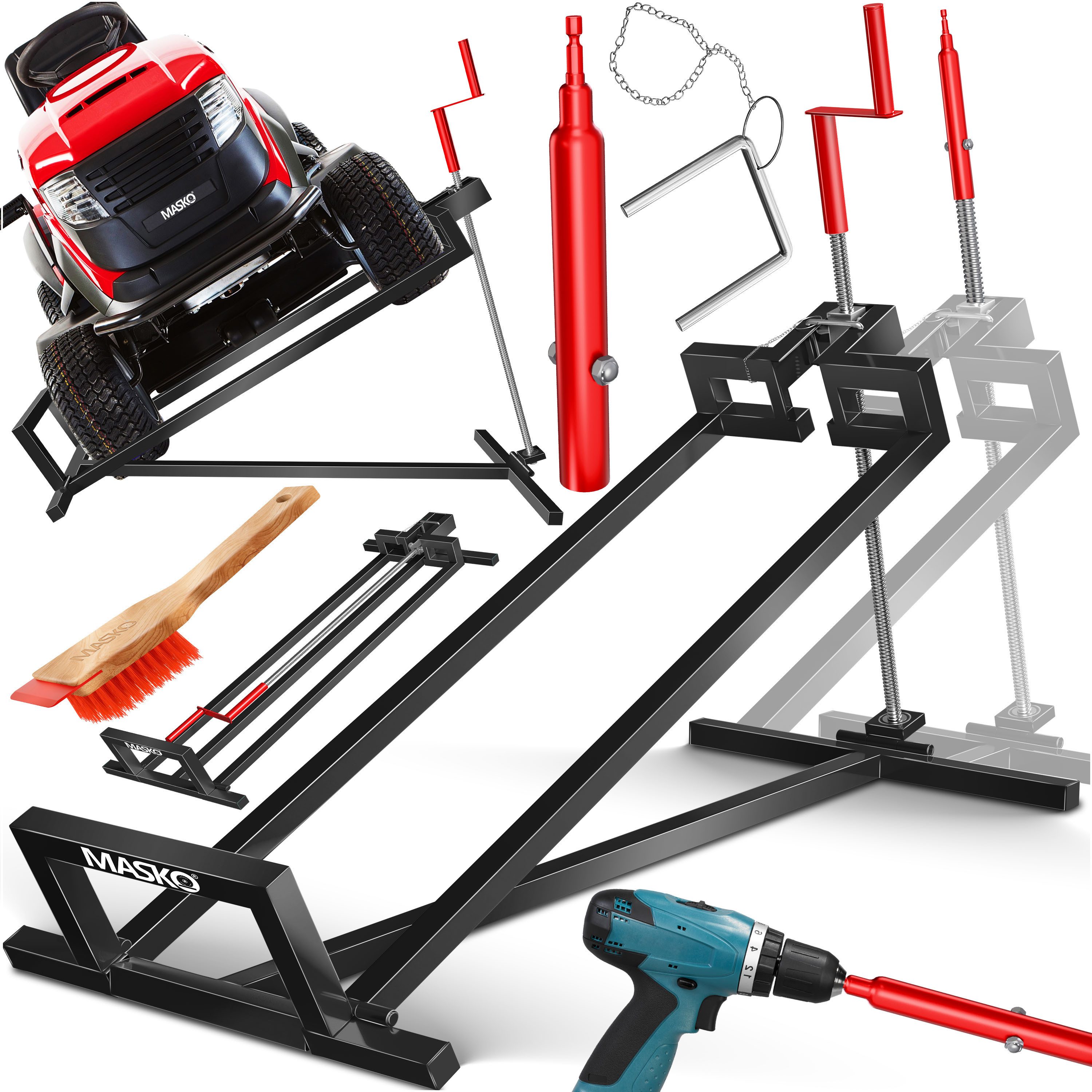 MASKO Rasentraktor Heber 450kg Hebevorrichtung für Aufsitzmäher mit Adapter inkl. Bürste, Rasentraktorheber, universelle Reinigungshilfe, Hebebühne für Quad